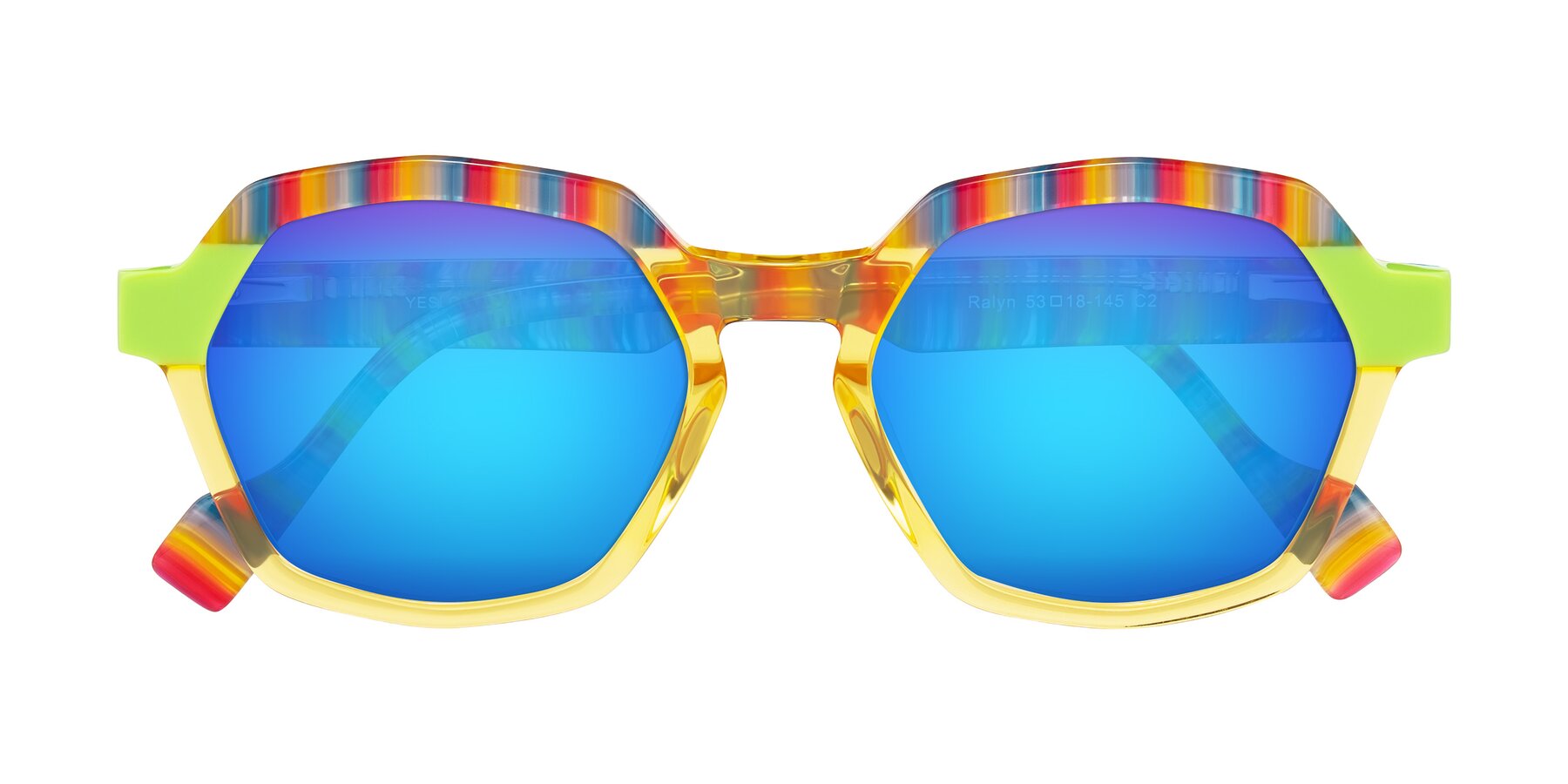 Folded Front of Ralyn in Citrine Pop with Blue Mirrored Lenses