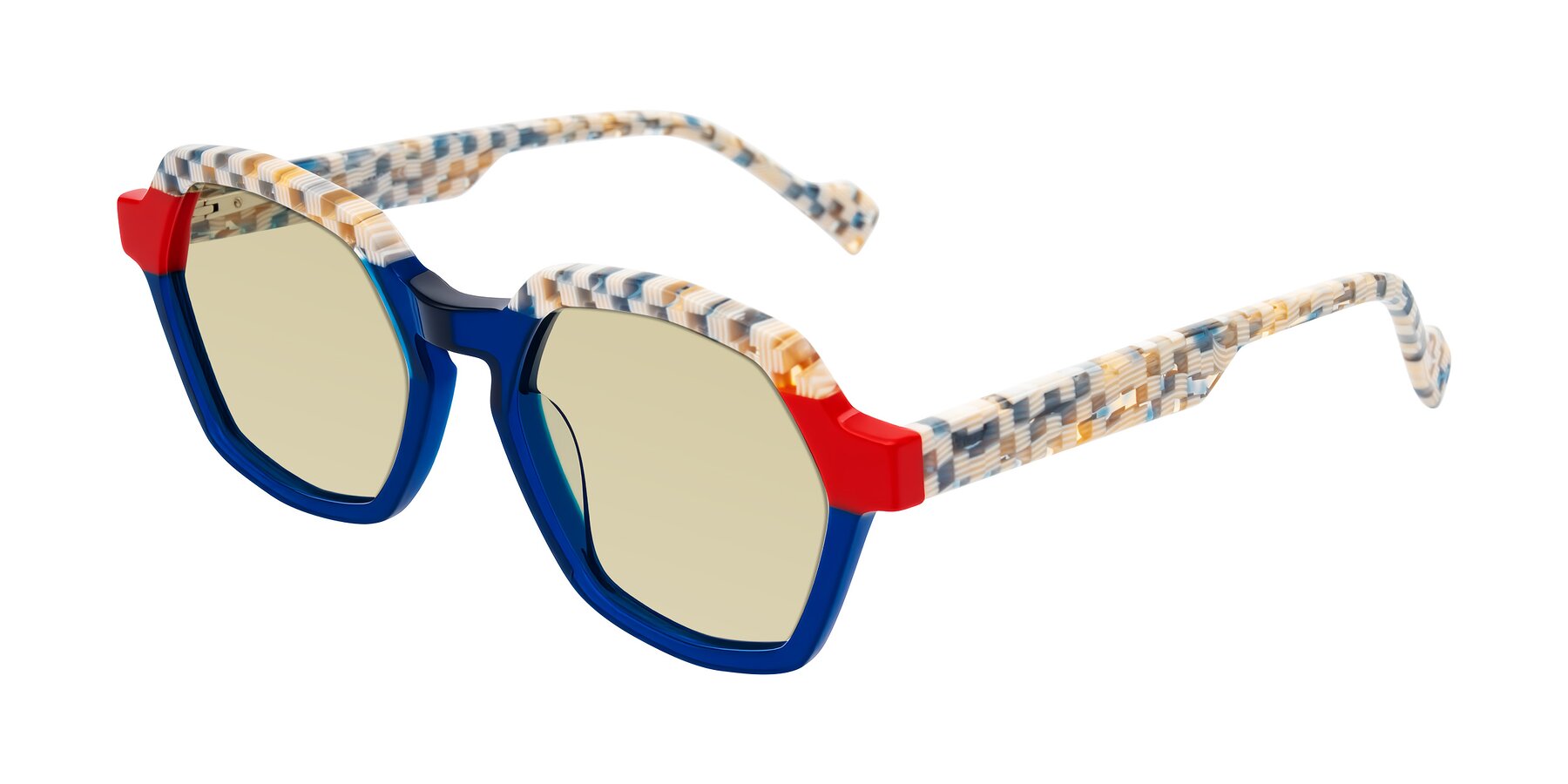 Angle of Ralyn in Studio Blue with Light Champagne Tinted Lenses