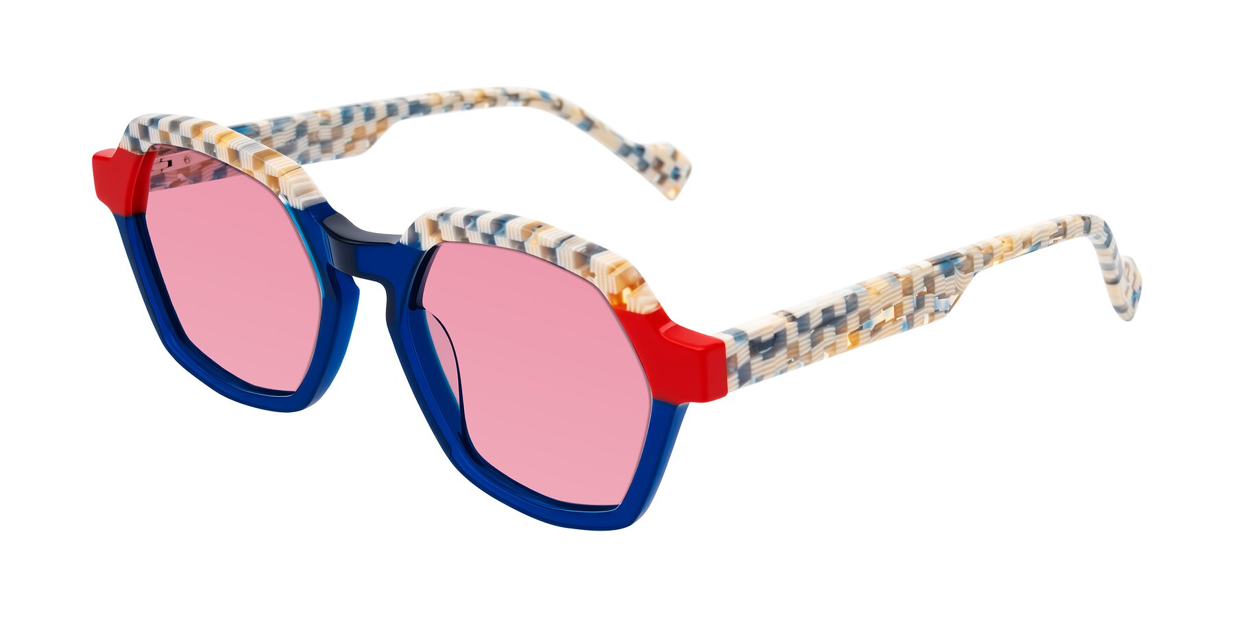 Angle of Ralyn in Studio Blue with Pink Tinted Lenses