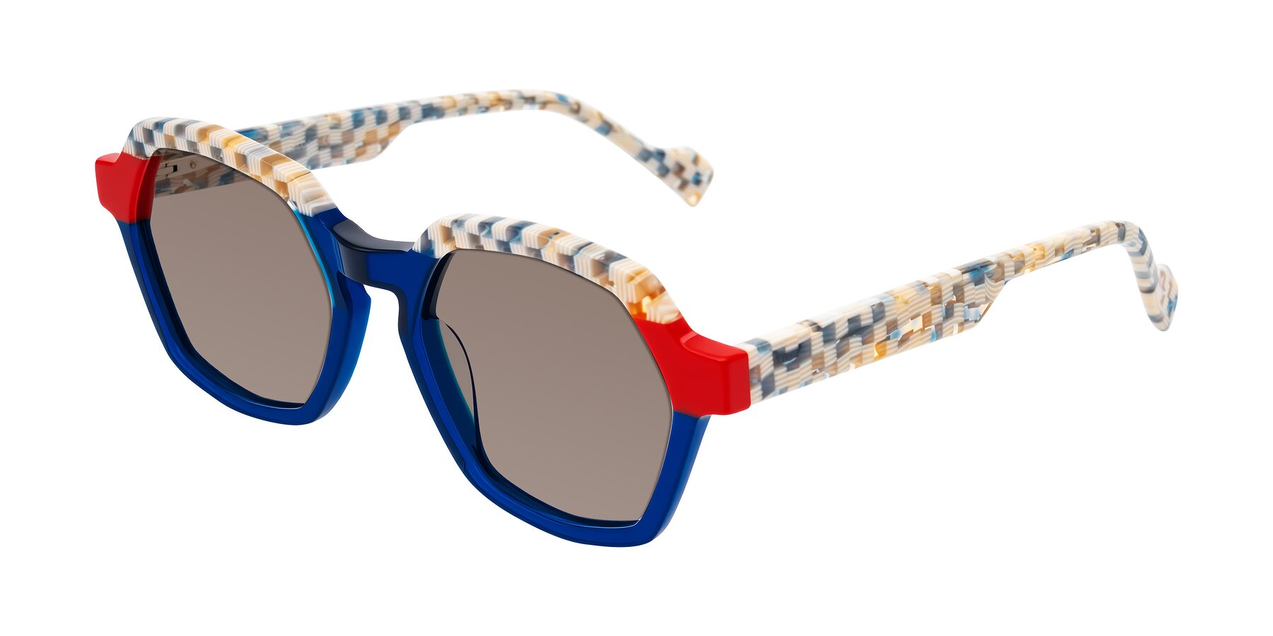 Angle of Ralyn in Studio Blue with Medium Brown Tinted Lenses