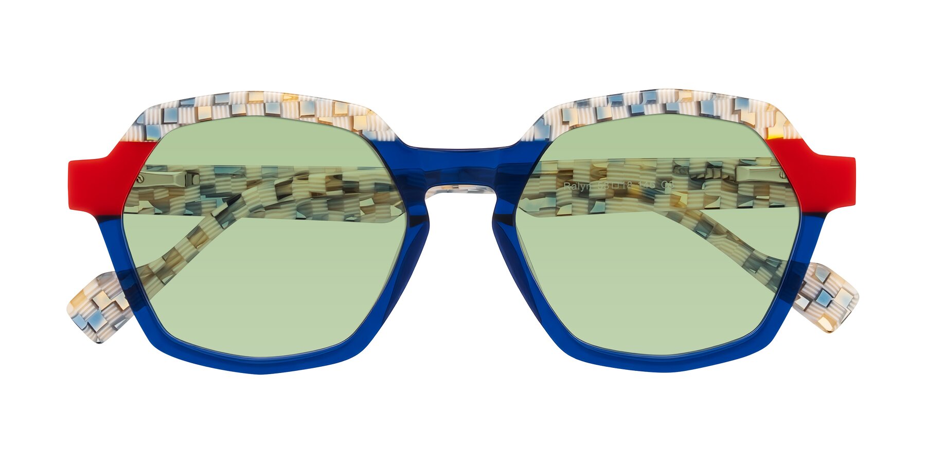Folded Front of Ralyn in Studio Blue with Medium Green Tinted Lenses