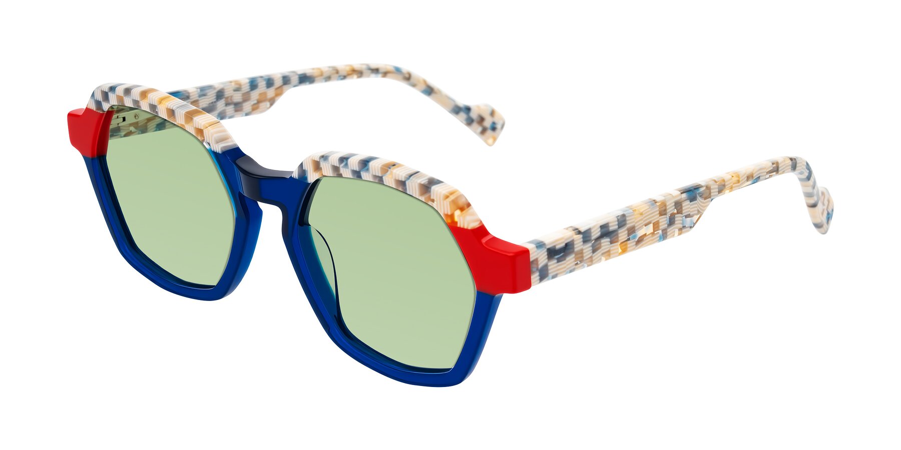 Angle of Ralyn in Studio Blue with Medium Green Tinted Lenses