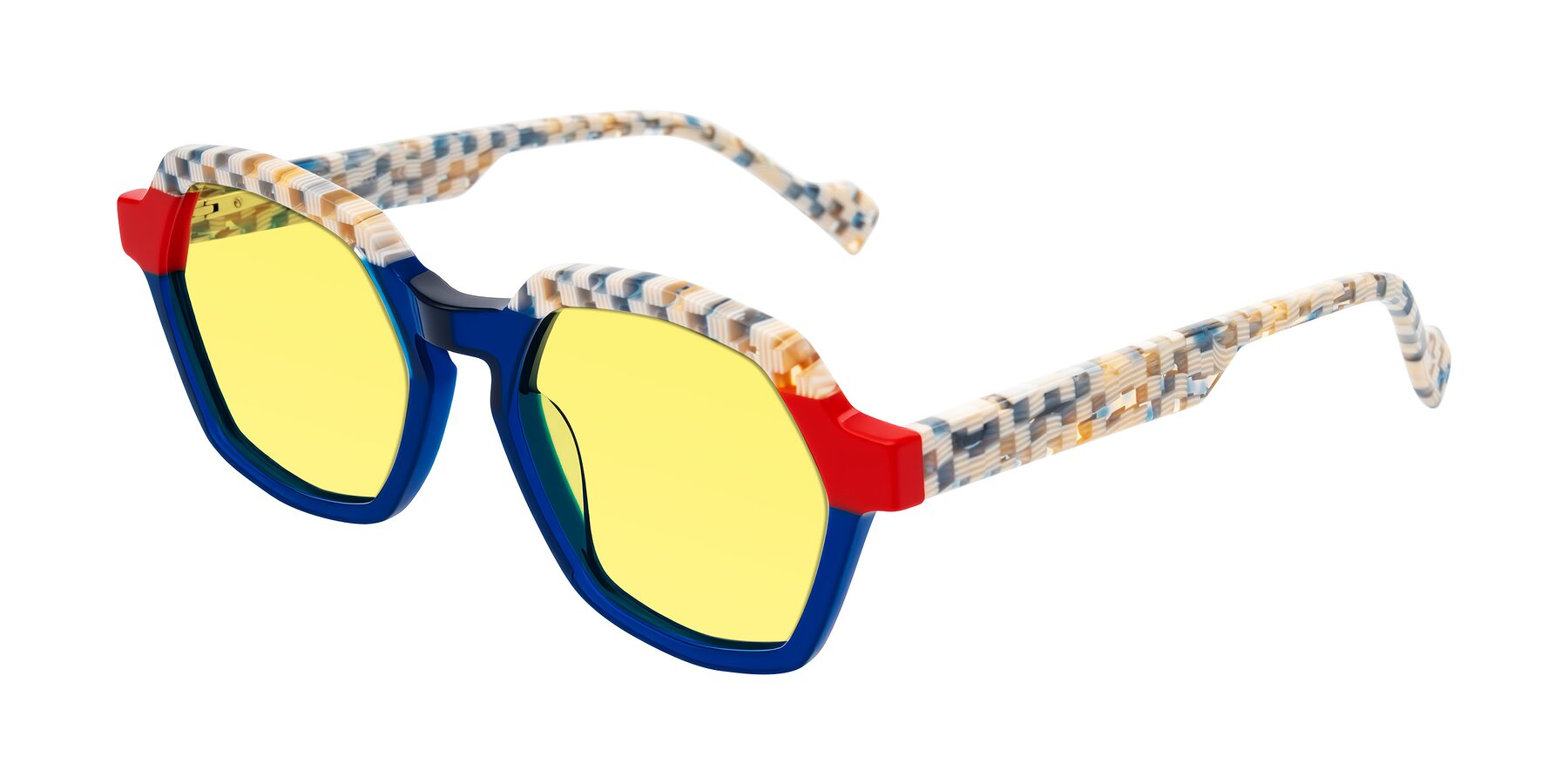 Angle of Ralyn in Studio Blue with Medium Yellow Tinted Lenses