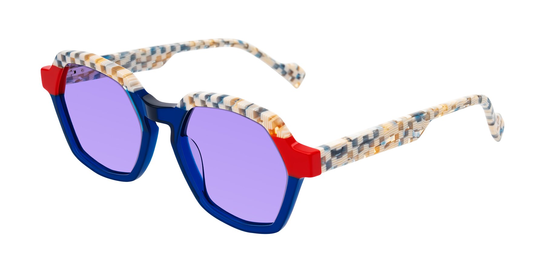 Angle of Ralyn in Studio Blue with Medium Purple Tinted Lenses