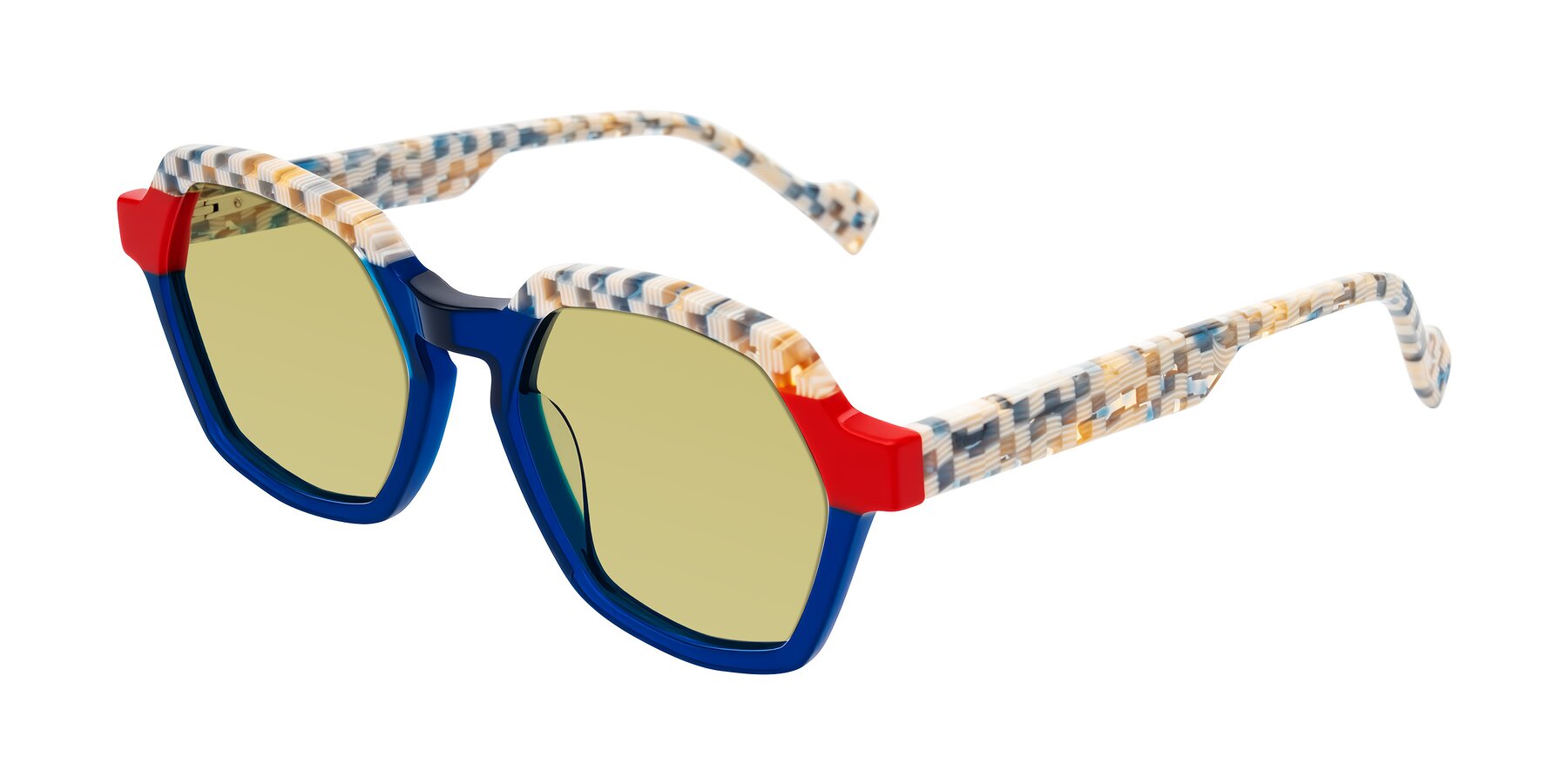 Angle of Ralyn in Studio Blue with Medium Champagne Tinted Lenses