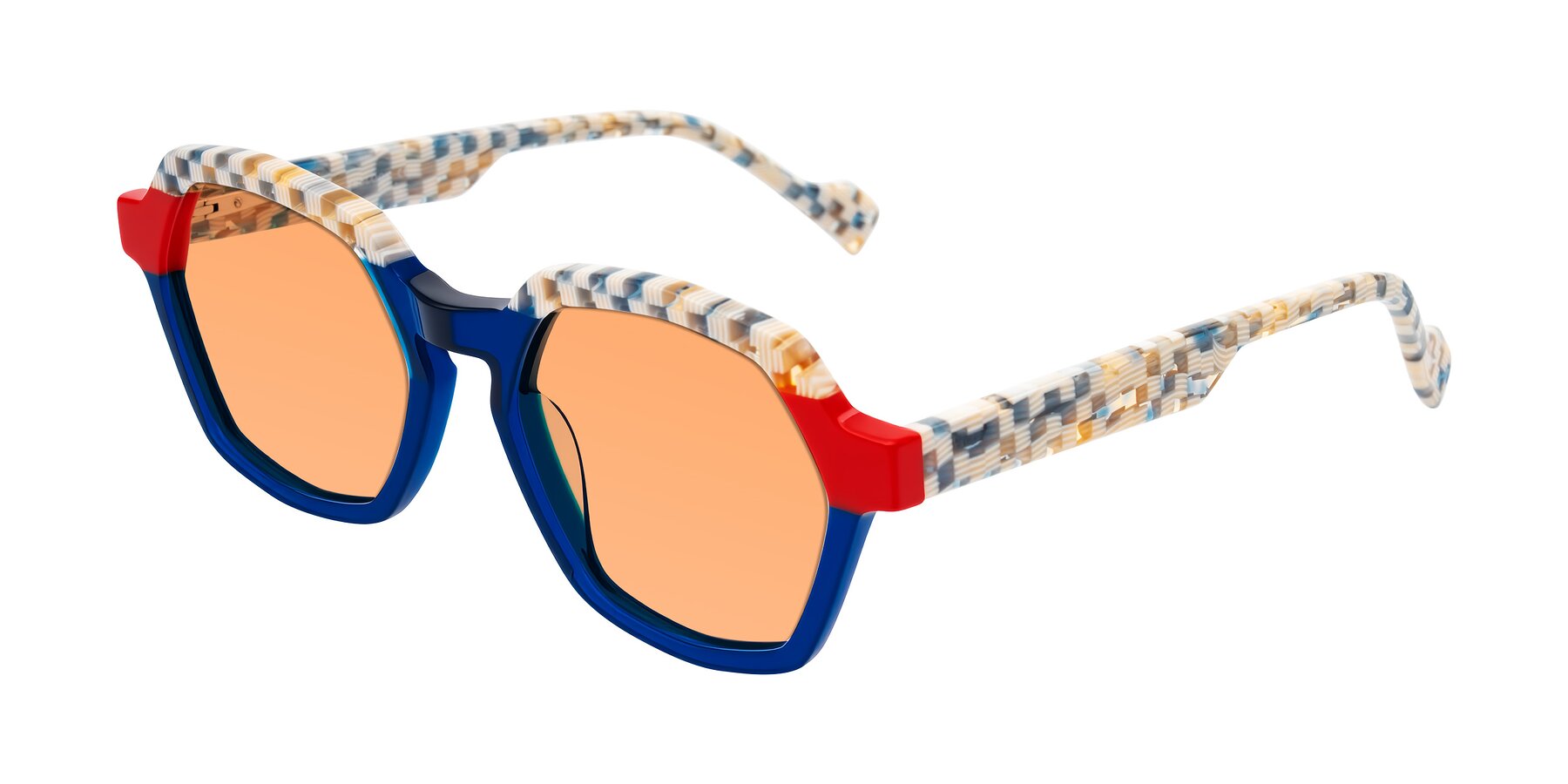 Angle of Ralyn in Studio Blue with Medium Orange Tinted Lenses