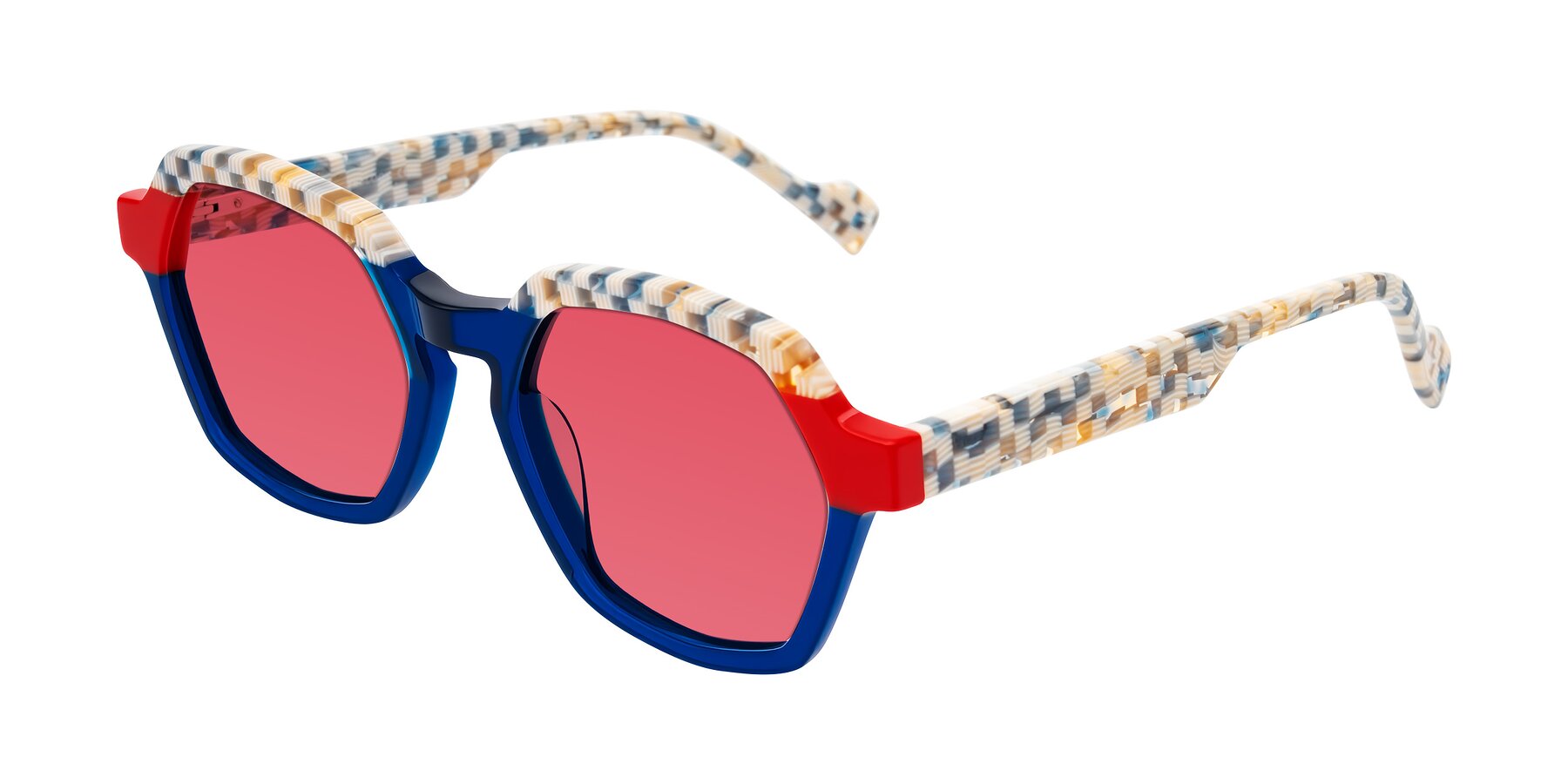 Angle of Ralyn in Studio Blue with Red Tinted Lenses
