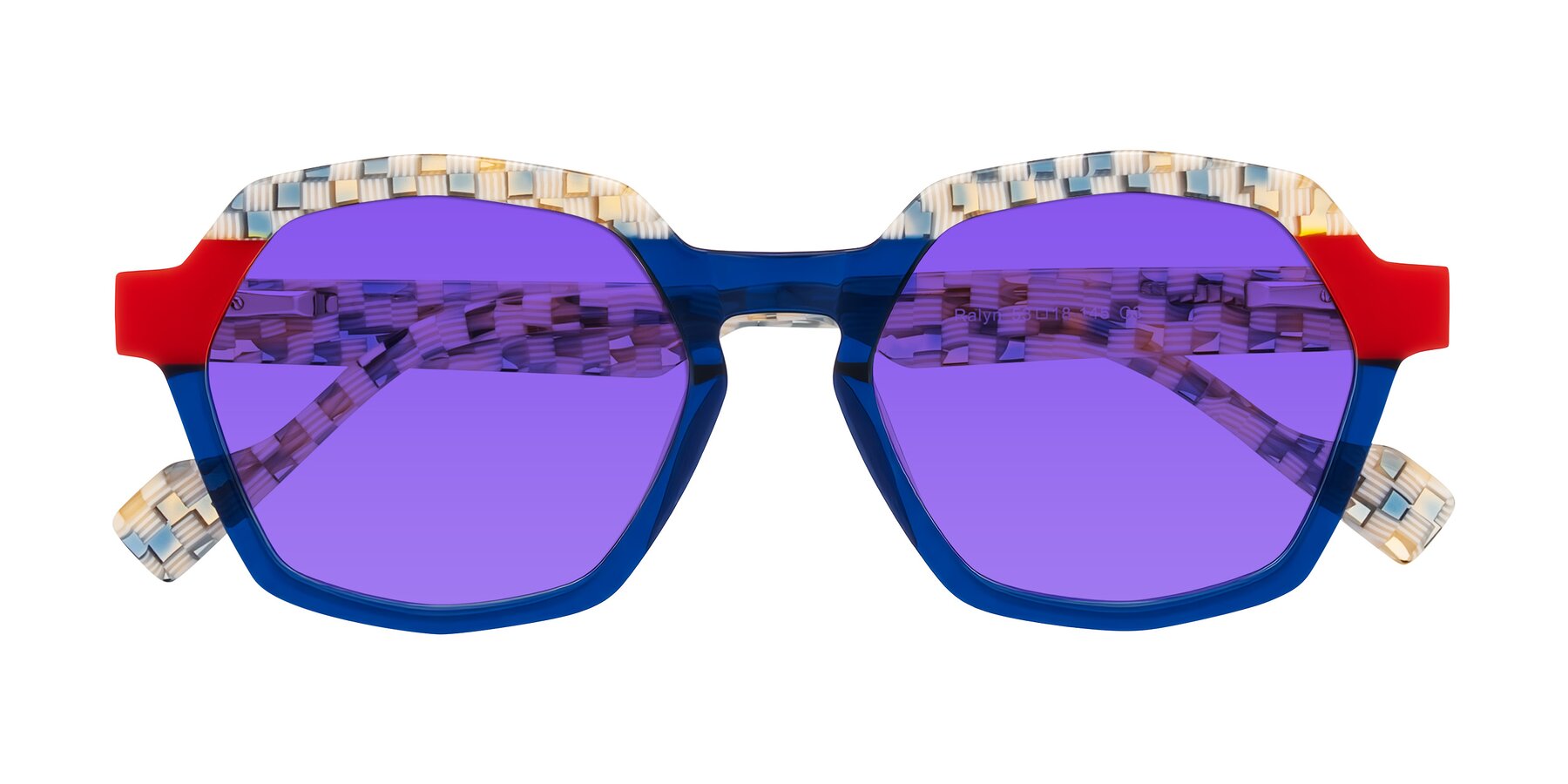 Folded Front of Ralyn in Studio Blue with Purple Tinted Lenses
