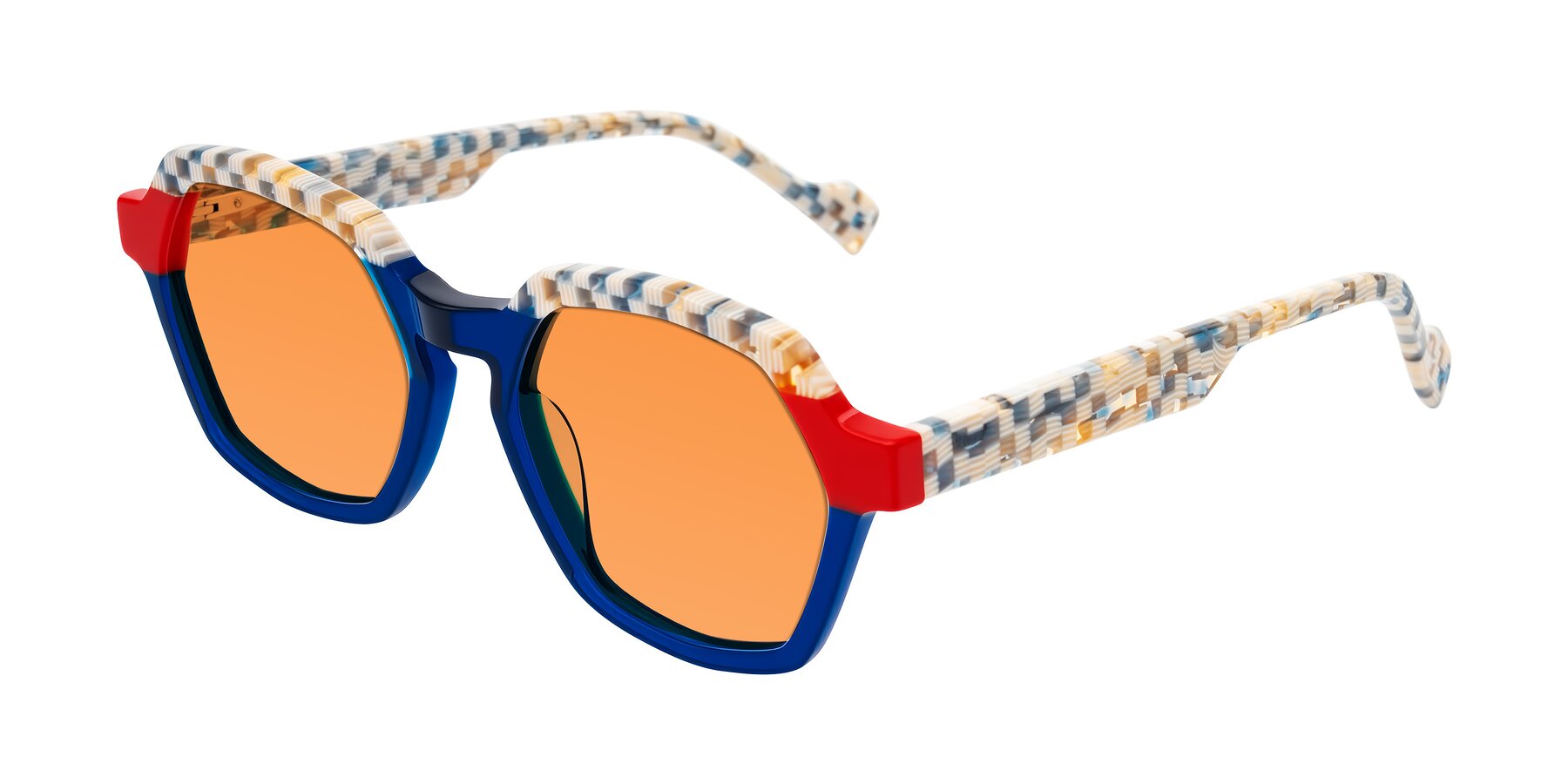 Angle of Ralyn in Studio Blue with Orange Tinted Lenses