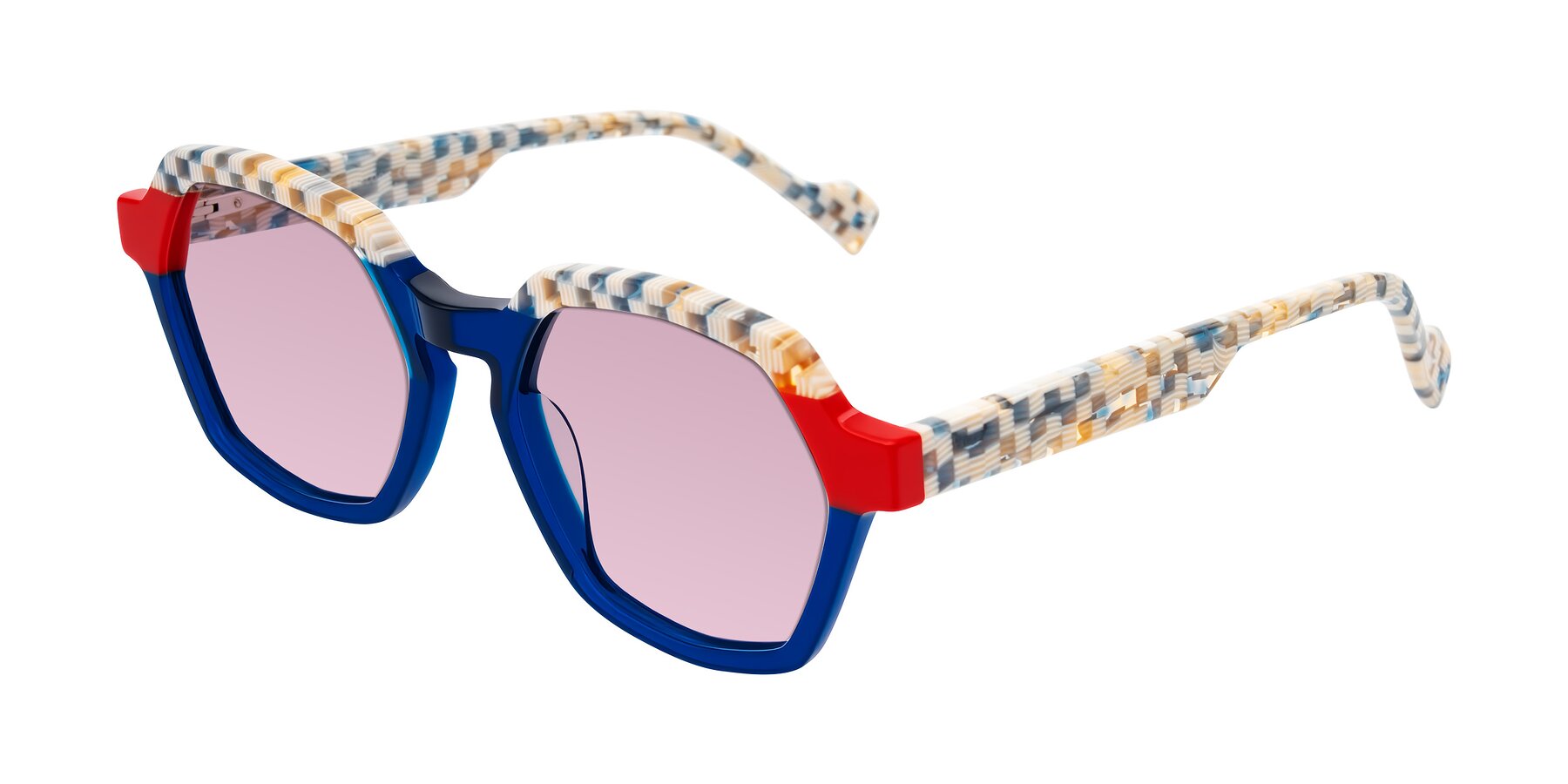Angle of Ralyn in Studio Blue with Light Wine Tinted Lenses