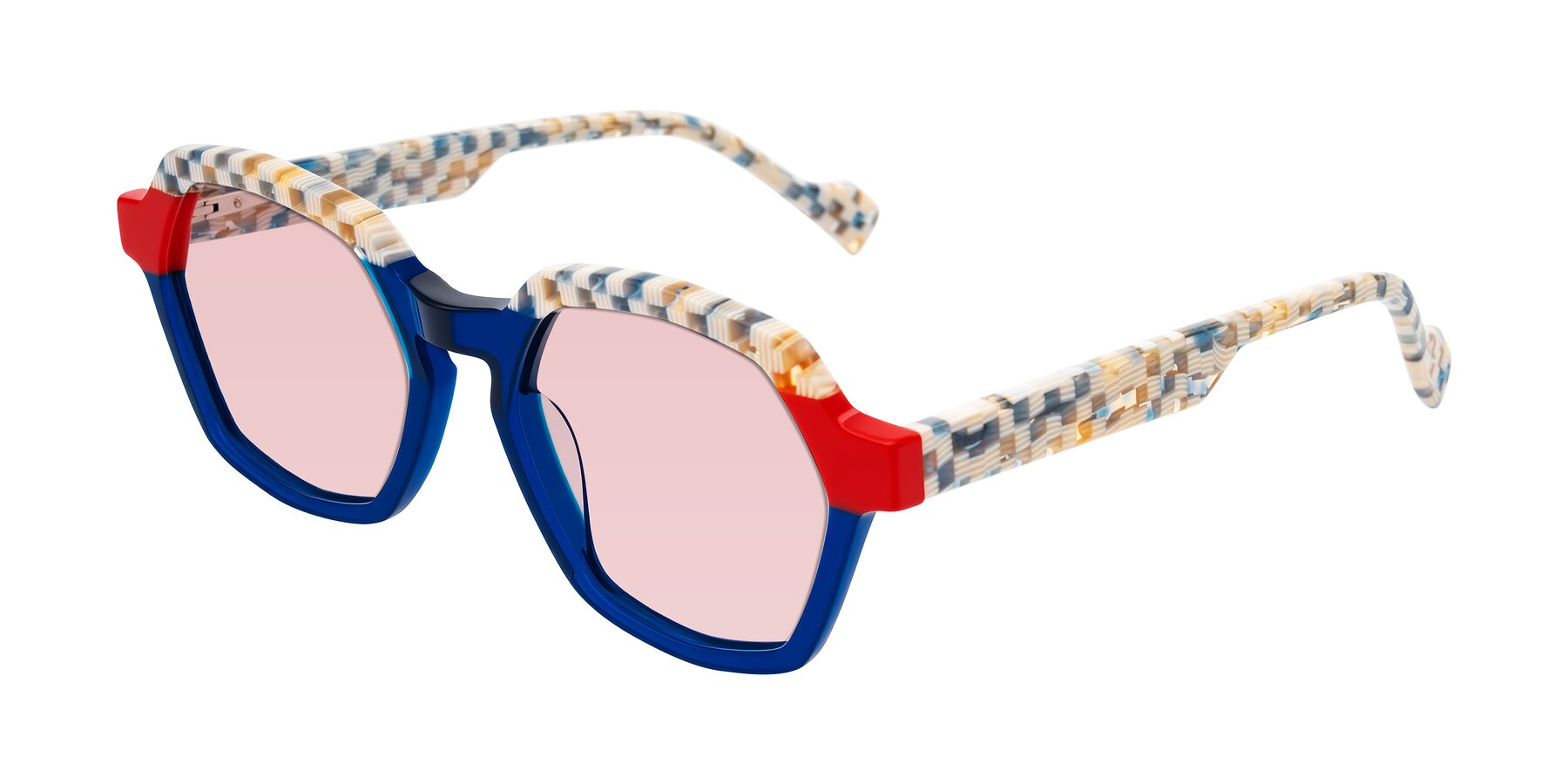 Angle of Ralyn in Studio Blue with Light Garnet Tinted Lenses
