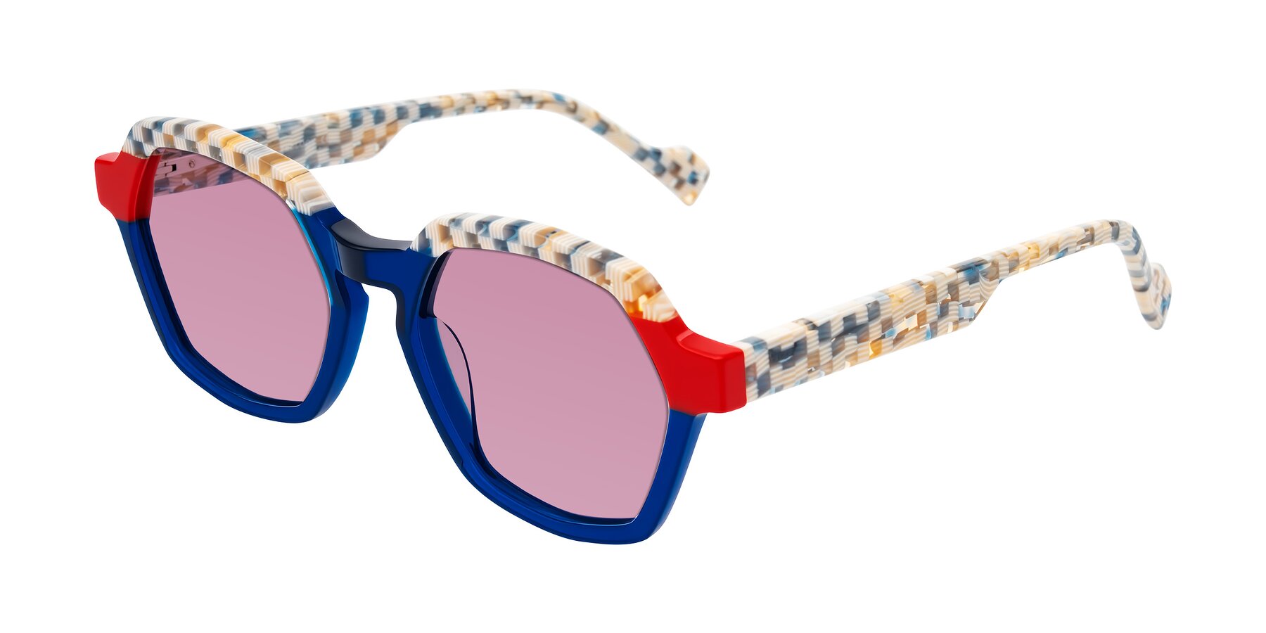 Angle of Ralyn in Studio Blue with Medium Wine Tinted Lenses