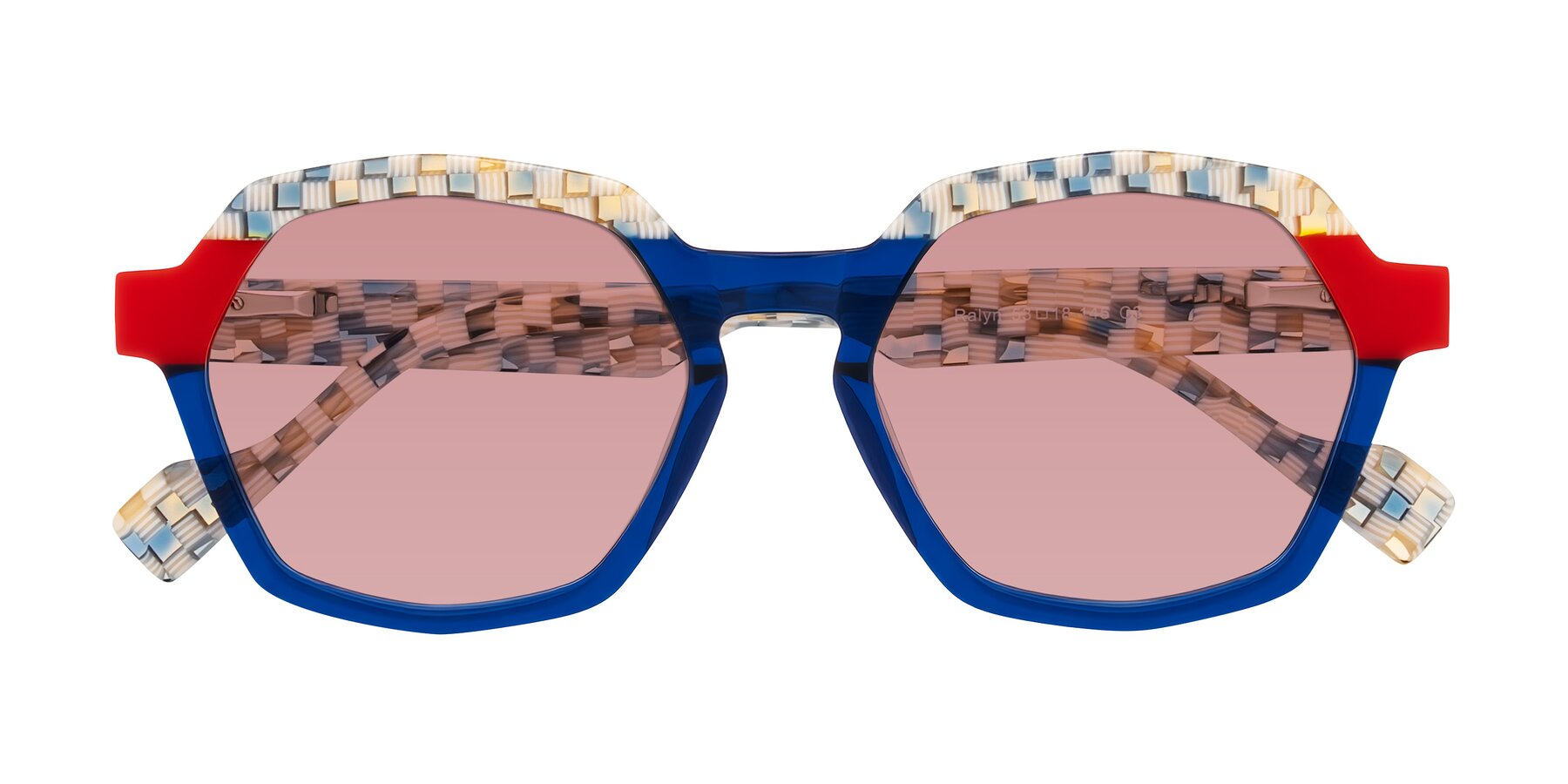 Folded Front of Ralyn in Studio Blue with Medium Garnet Tinted Lenses
