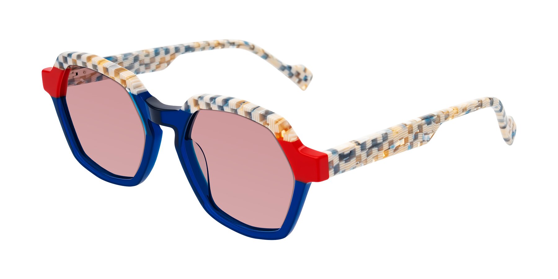 Angle of Ralyn in Studio Blue with Medium Garnet Tinted Lenses