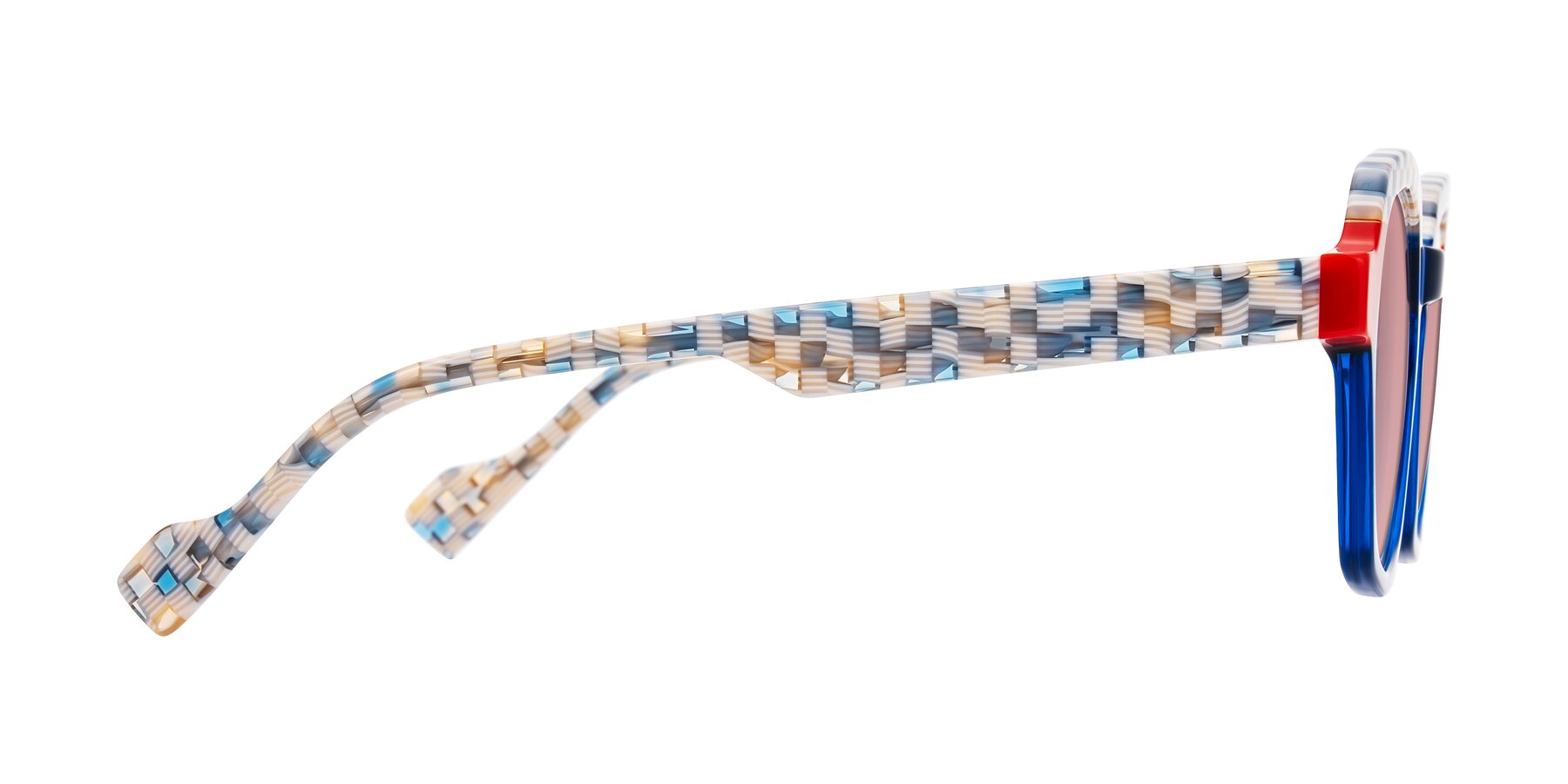 Side of Ralyn in Studio Blue with Medium Garnet Tinted Lenses