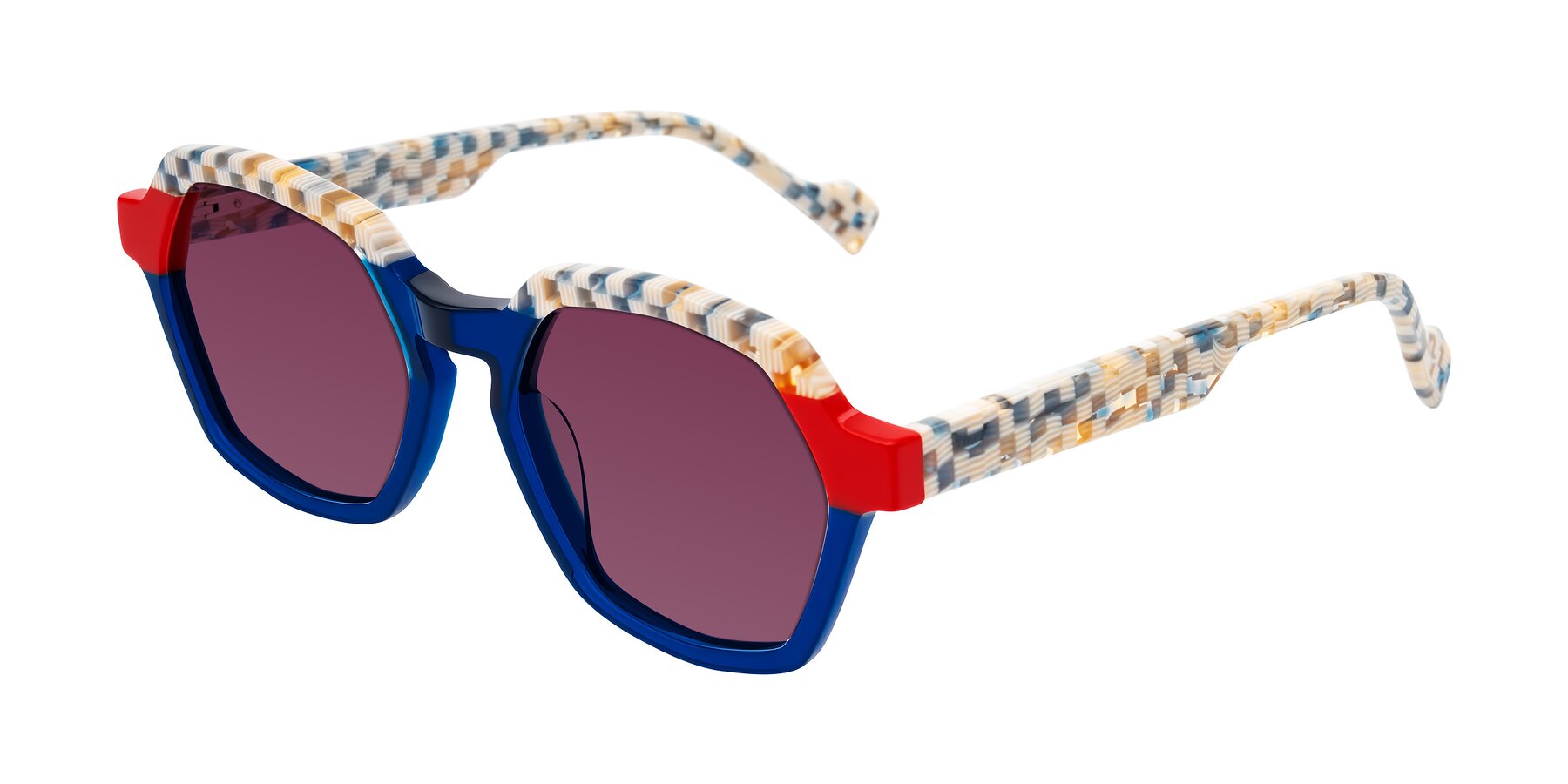 Angle of Ralyn in Studio Blue with Wine Tinted Lenses