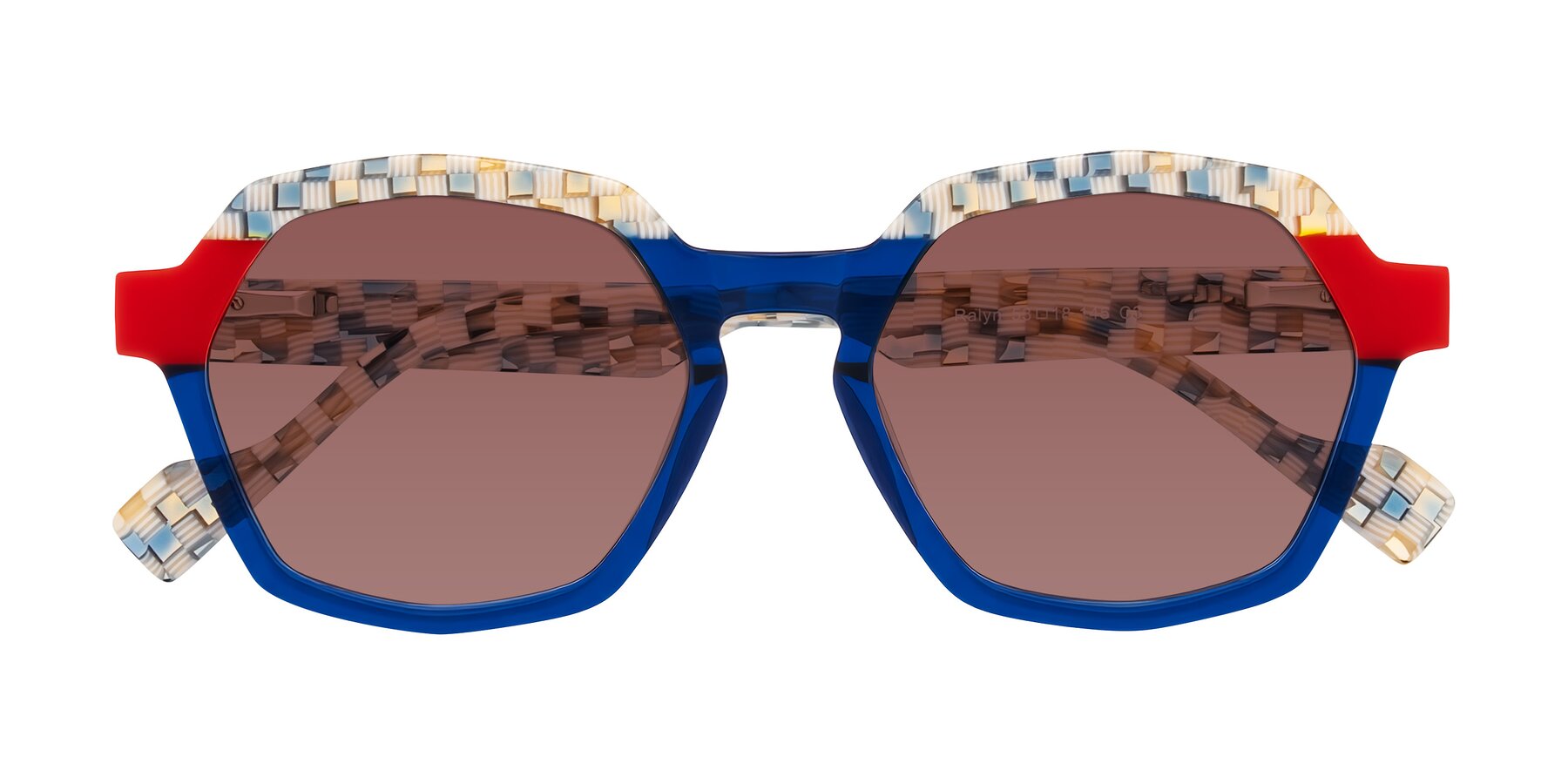 Folded Front of Ralyn in Studio Blue with Garnet Tinted Lenses