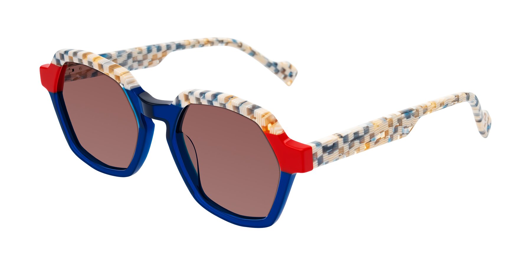 Angle of Ralyn in Studio Blue with Garnet Tinted Lenses
