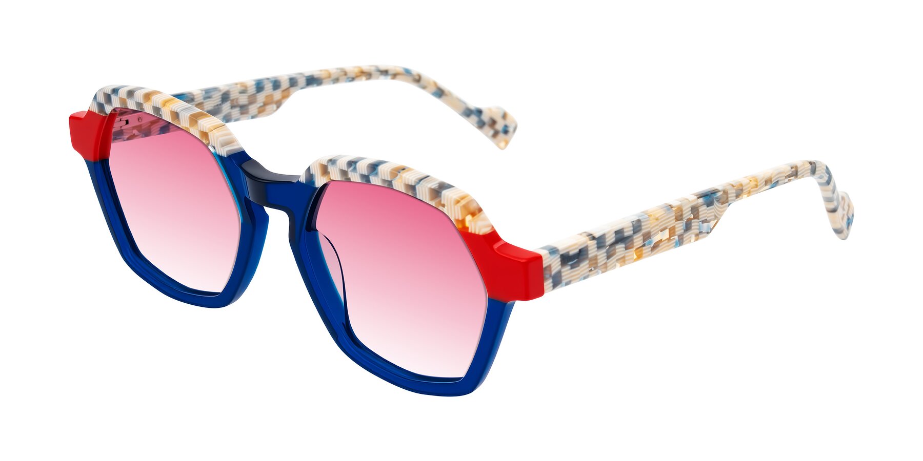 Angle of Ralyn in Studio Blue with Pink Gradient Lenses