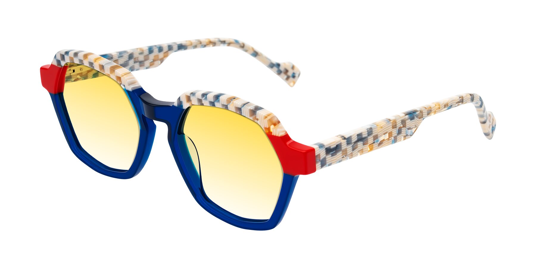 Angle of Ralyn in Studio Blue with Yellow Gradient Lenses