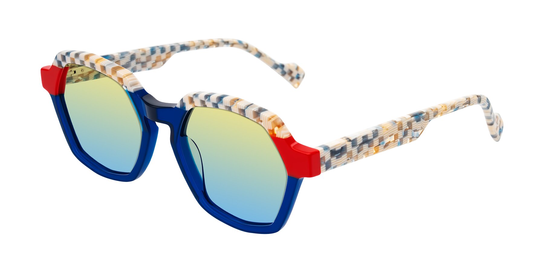 Angle of Ralyn in Studio Blue with Yellow / Blue Gradient Lenses