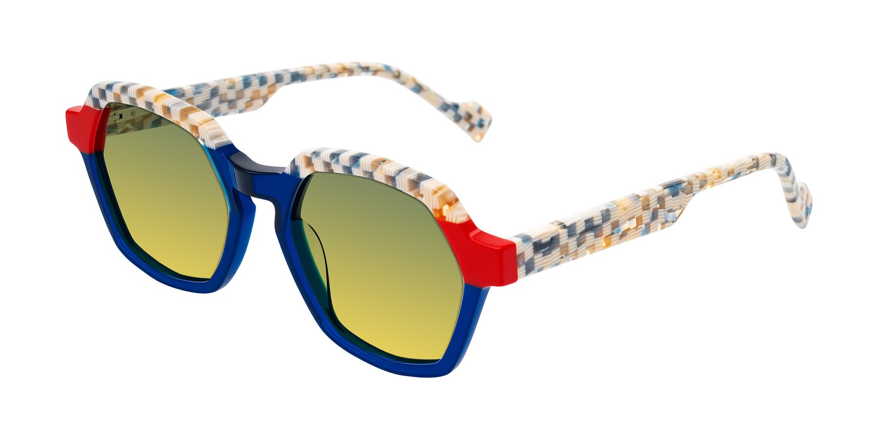 Angle of Ralyn in Studio Blue with Green / Yellow Gradient Lenses