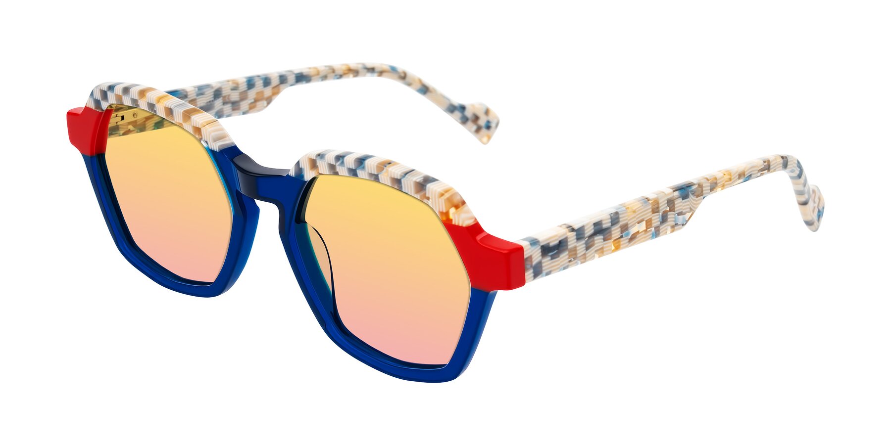 Angle of Ralyn in Studio Blue with Yellow / Pink Gradient Lenses