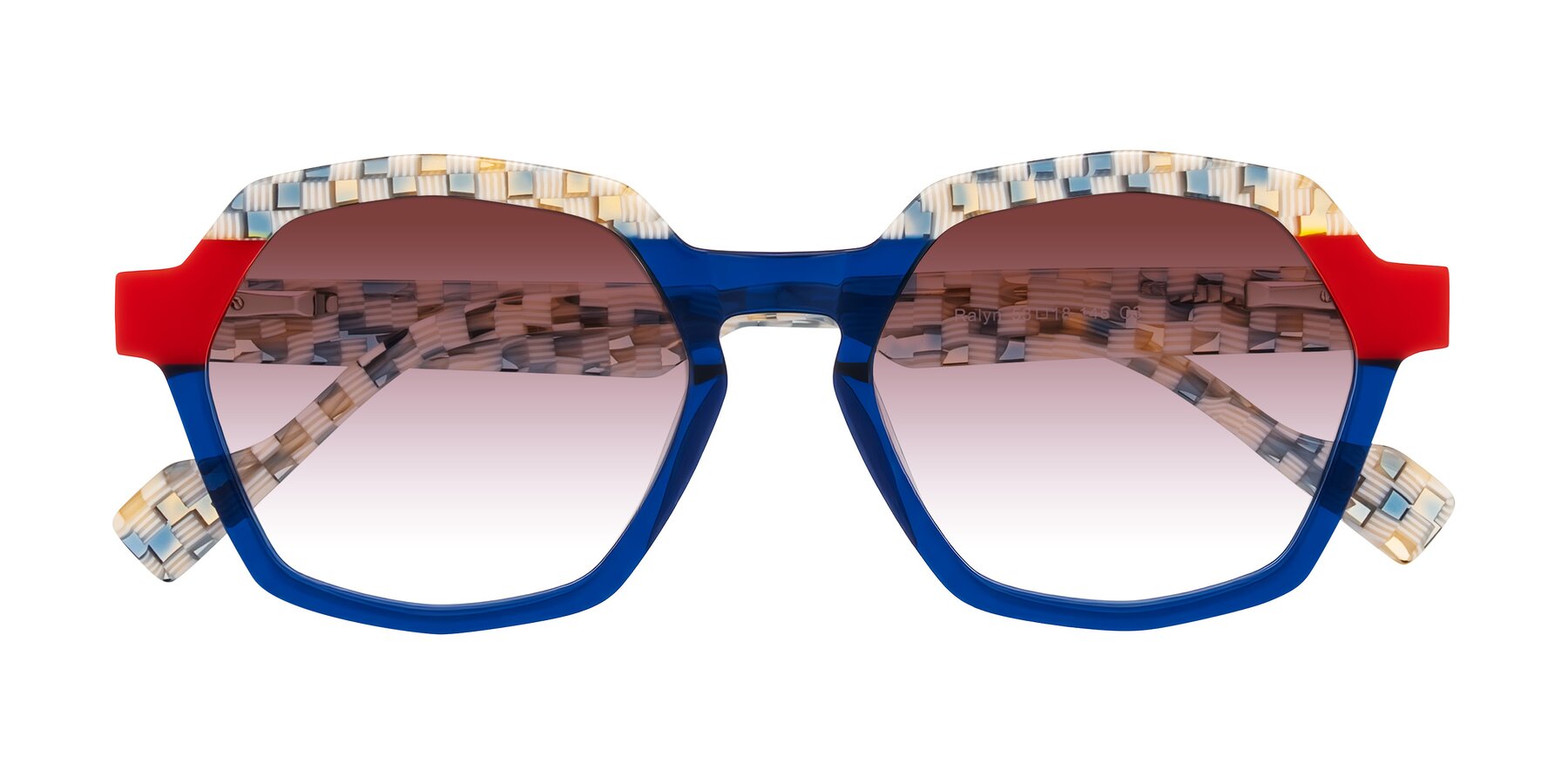 Folded Front of Ralyn in Studio Blue with Garnet Gradient Lenses