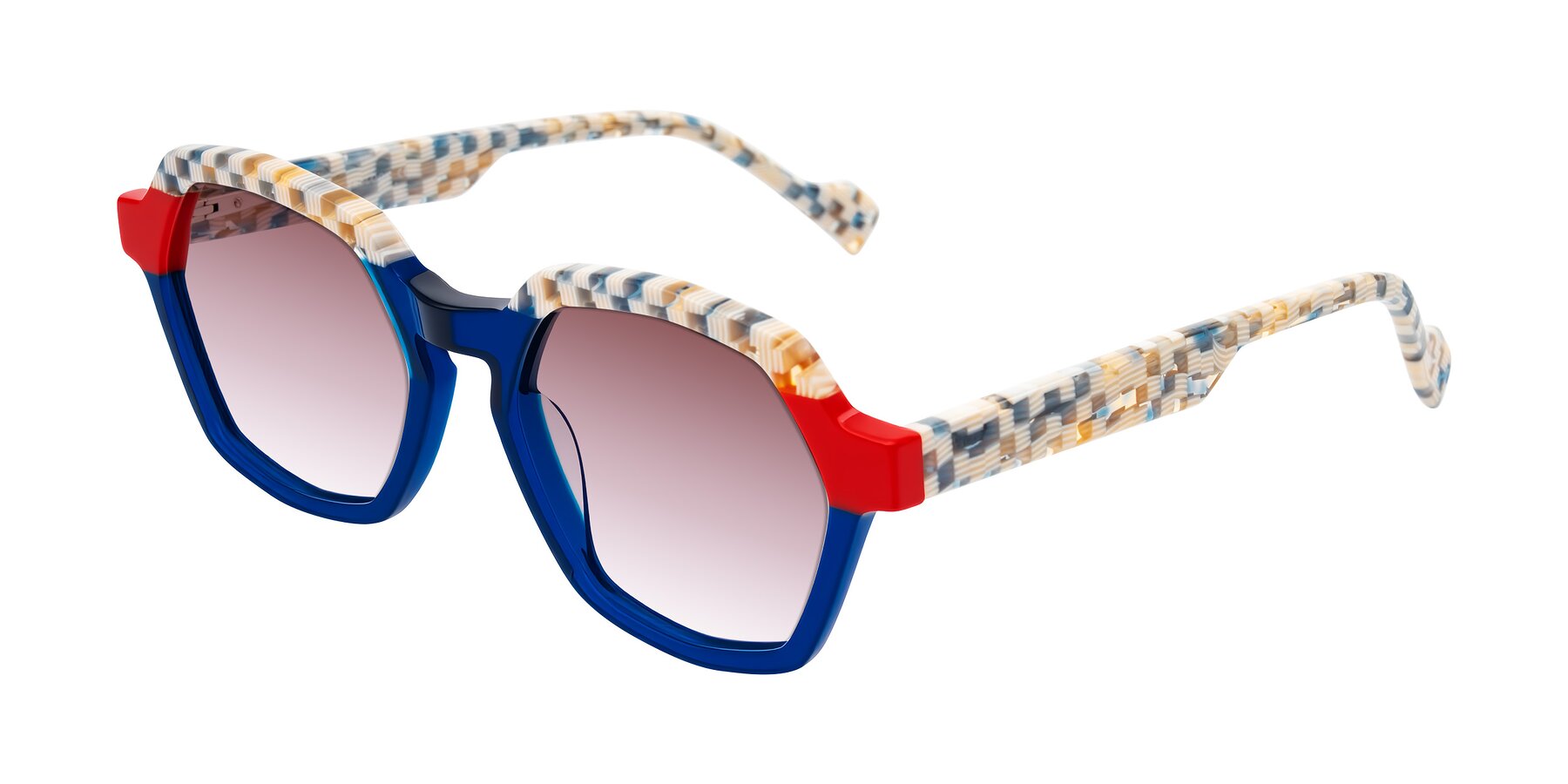 Angle of Ralyn in Studio Blue with Garnet Gradient Lenses