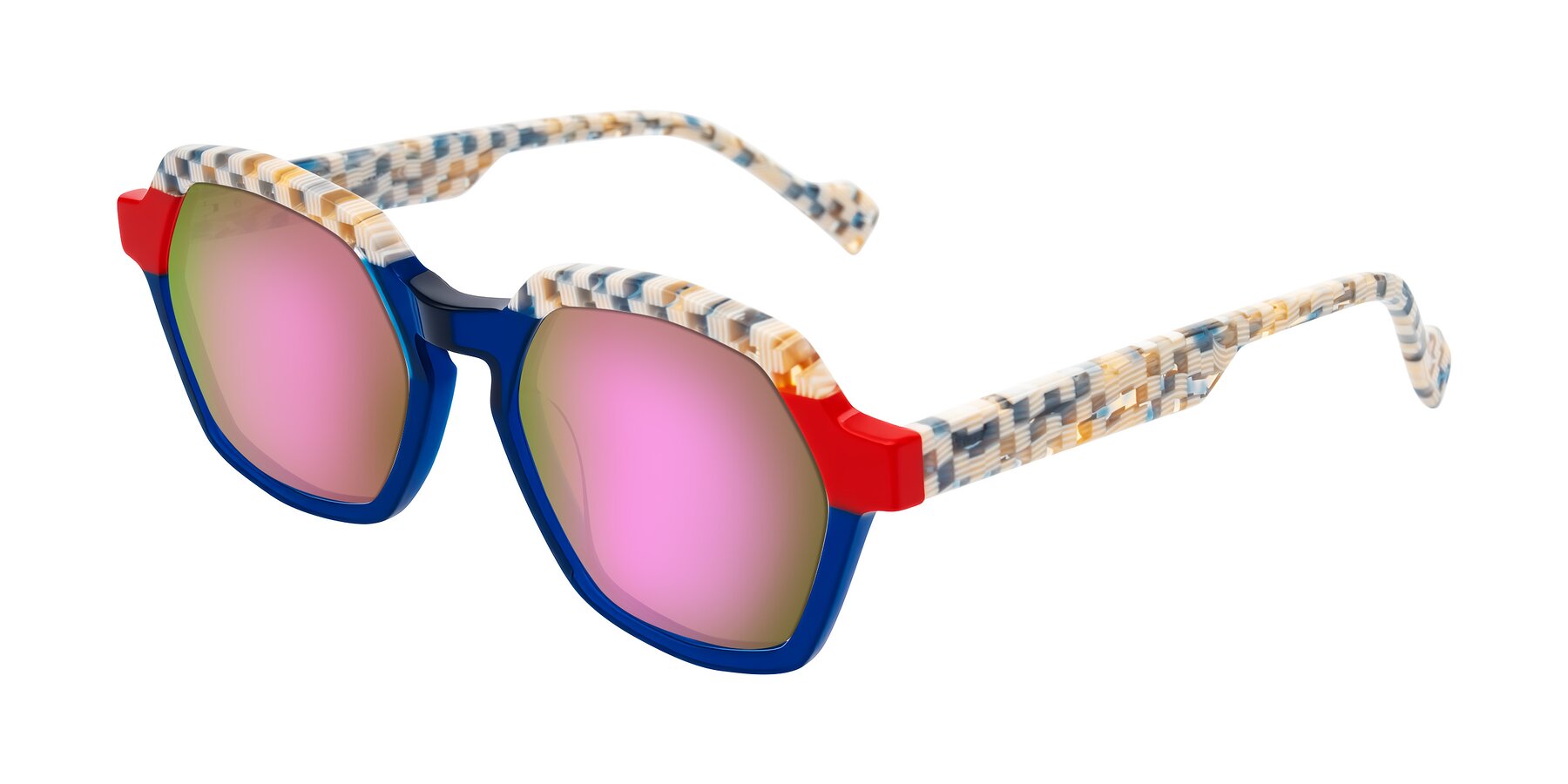 Angle of Ralyn in Studio Blue with Pink Mirrored Lenses