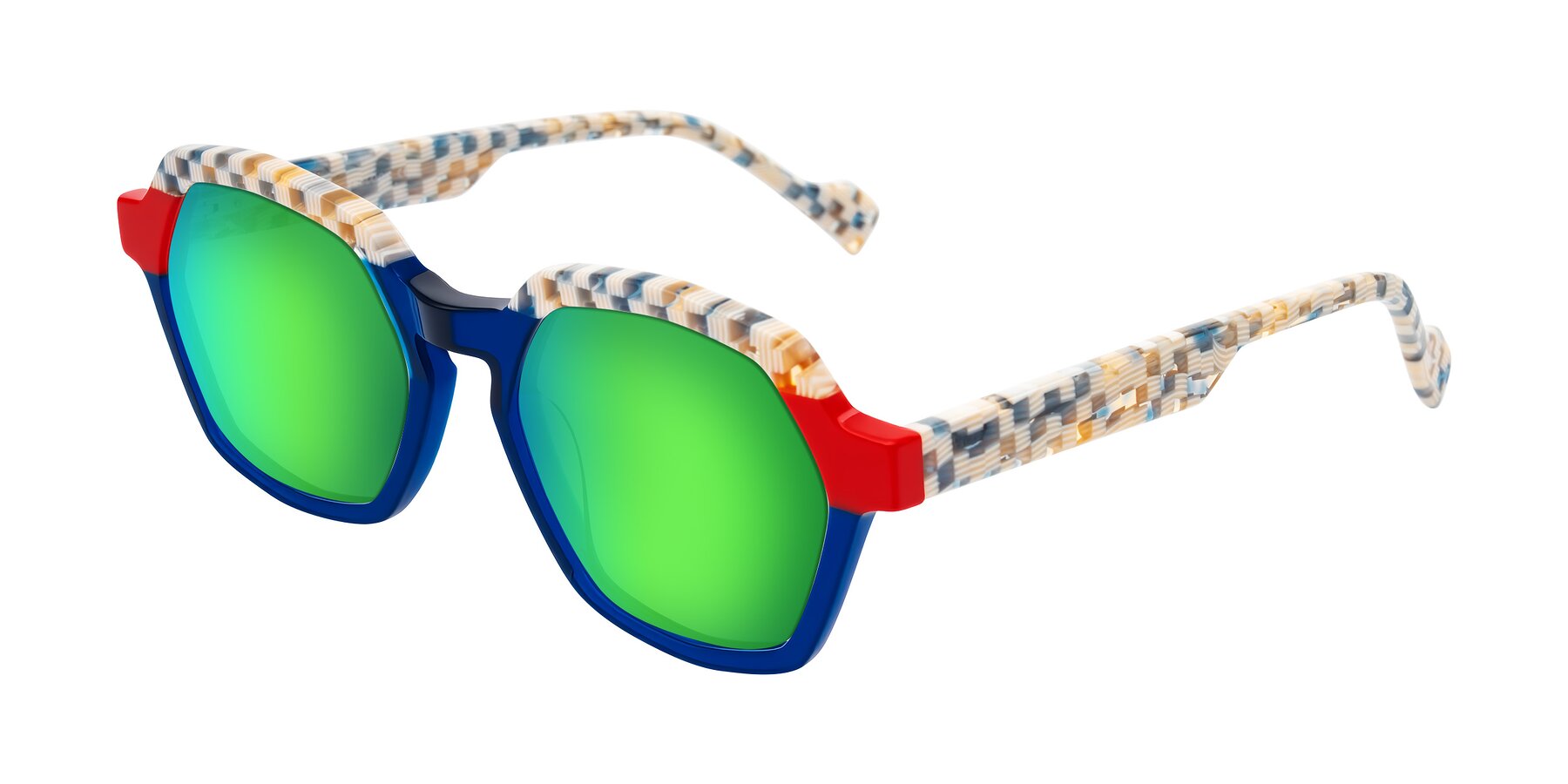Angle of Ralyn in Studio Blue with Green Mirrored Lenses
