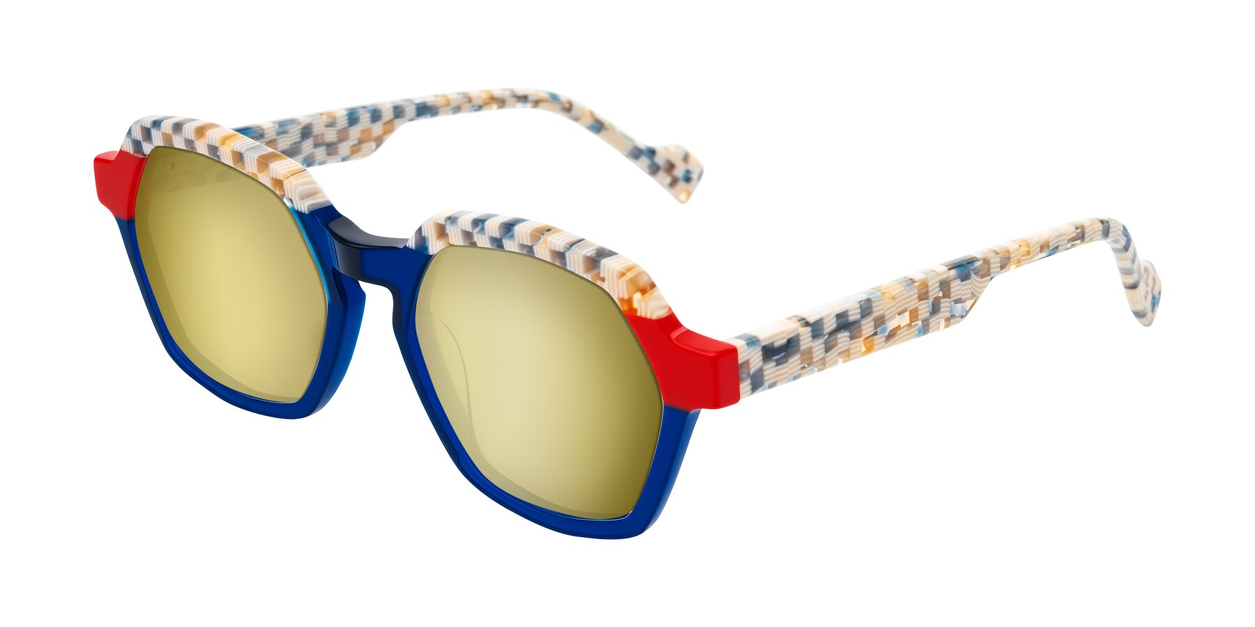 Angle of Ralyn in Studio Blue with Gold Mirrored Lenses