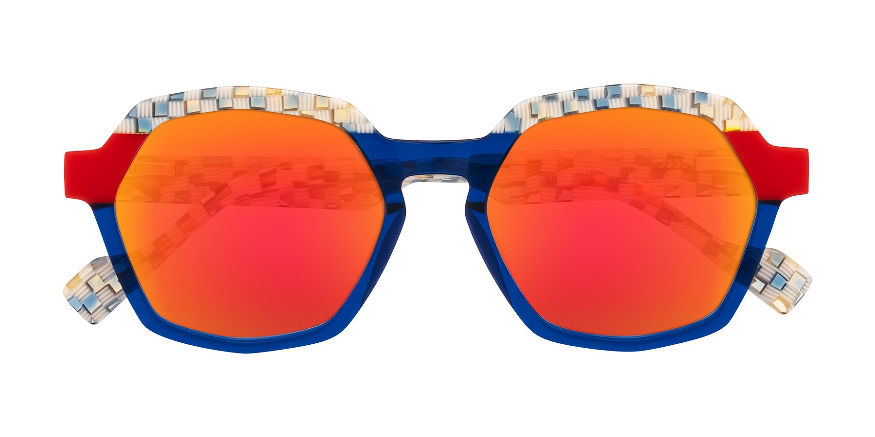 Folded Front of Ralyn in Studio Blue with Red Gold Mirrored Lenses