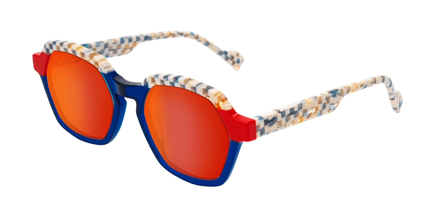 Angle of Ralyn in Studio Blue with Red Gold Mirrored Lenses