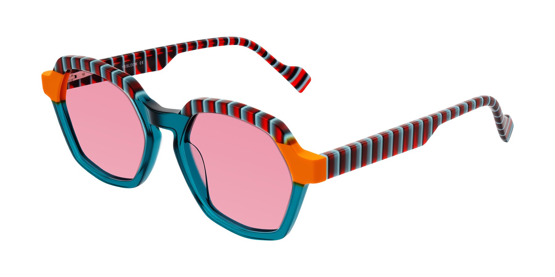 Angle of Ralyn in Teal Ember with Pink Tinted Lenses