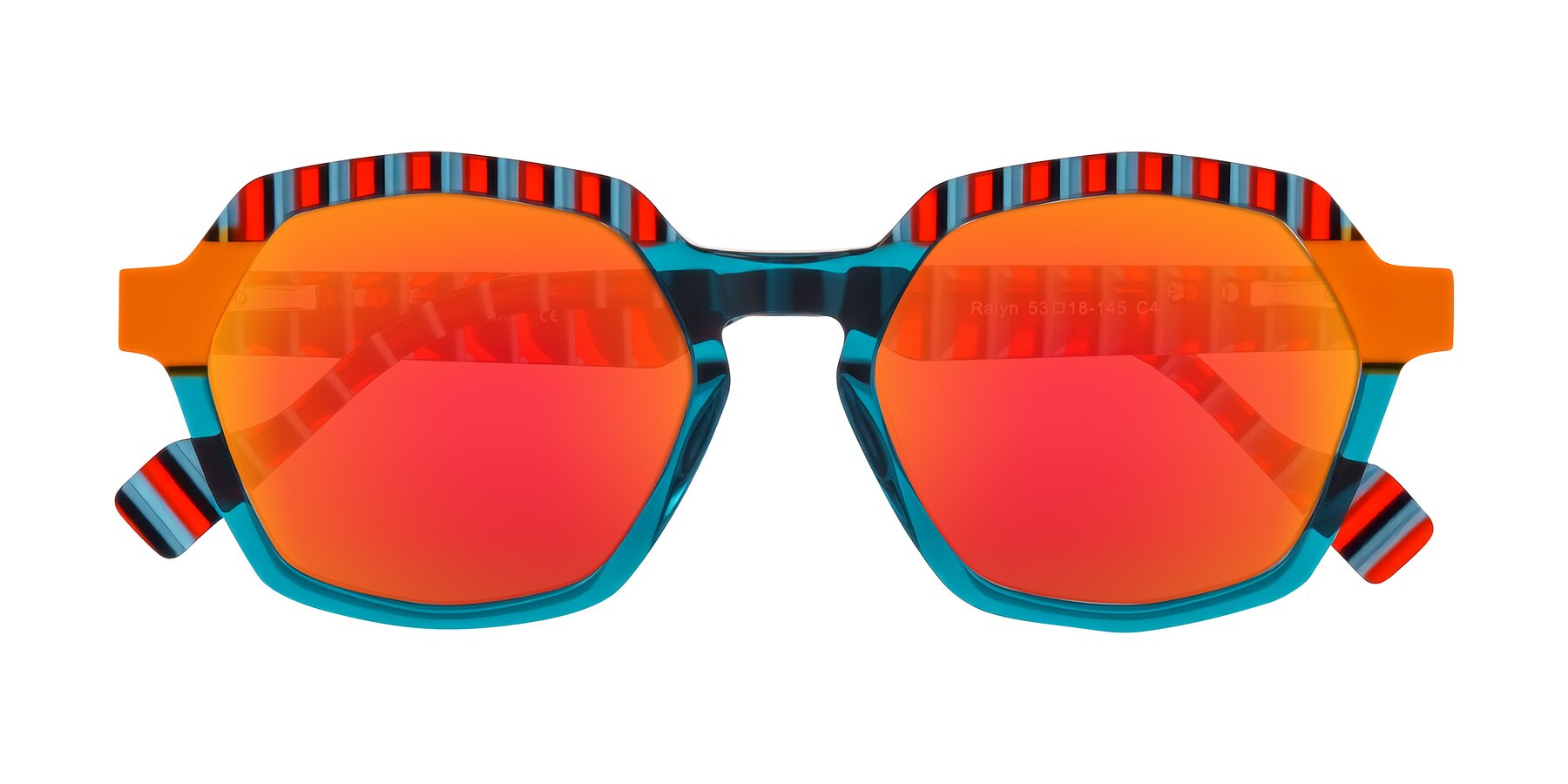 Folded Front of Ralyn in Teal Ember with Red Gold Mirrored Lenses