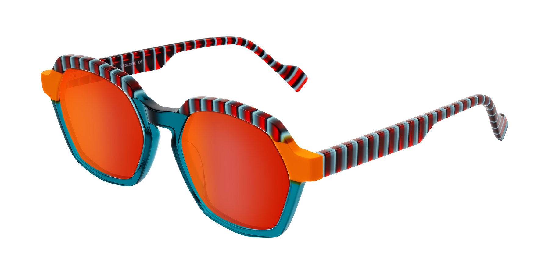 Angle of Ralyn in Teal Ember with Red Gold Mirrored Lenses