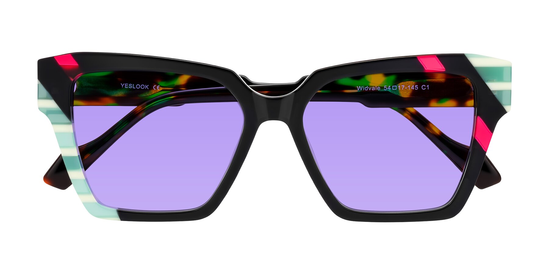 Folded Front of Widvale in Onyx Mosaic with Medium Purple Tinted Lenses