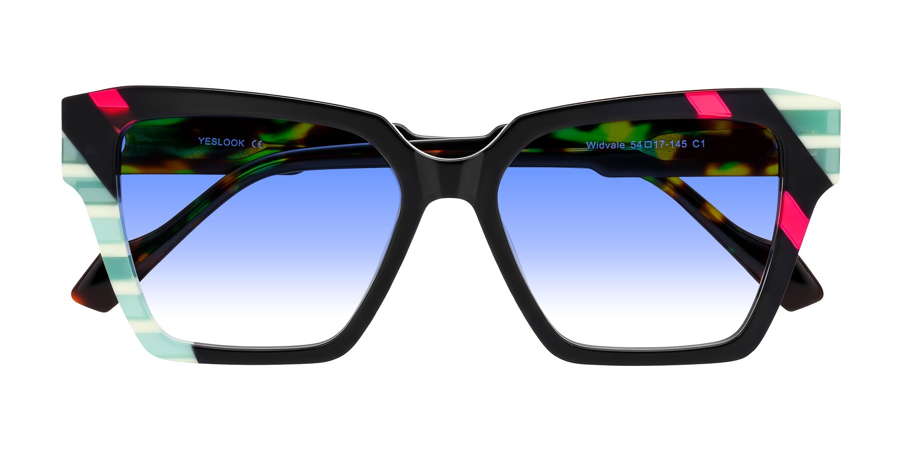 Folded Front of Widvale in Onyx Mosaic with Blue Gradient Lenses