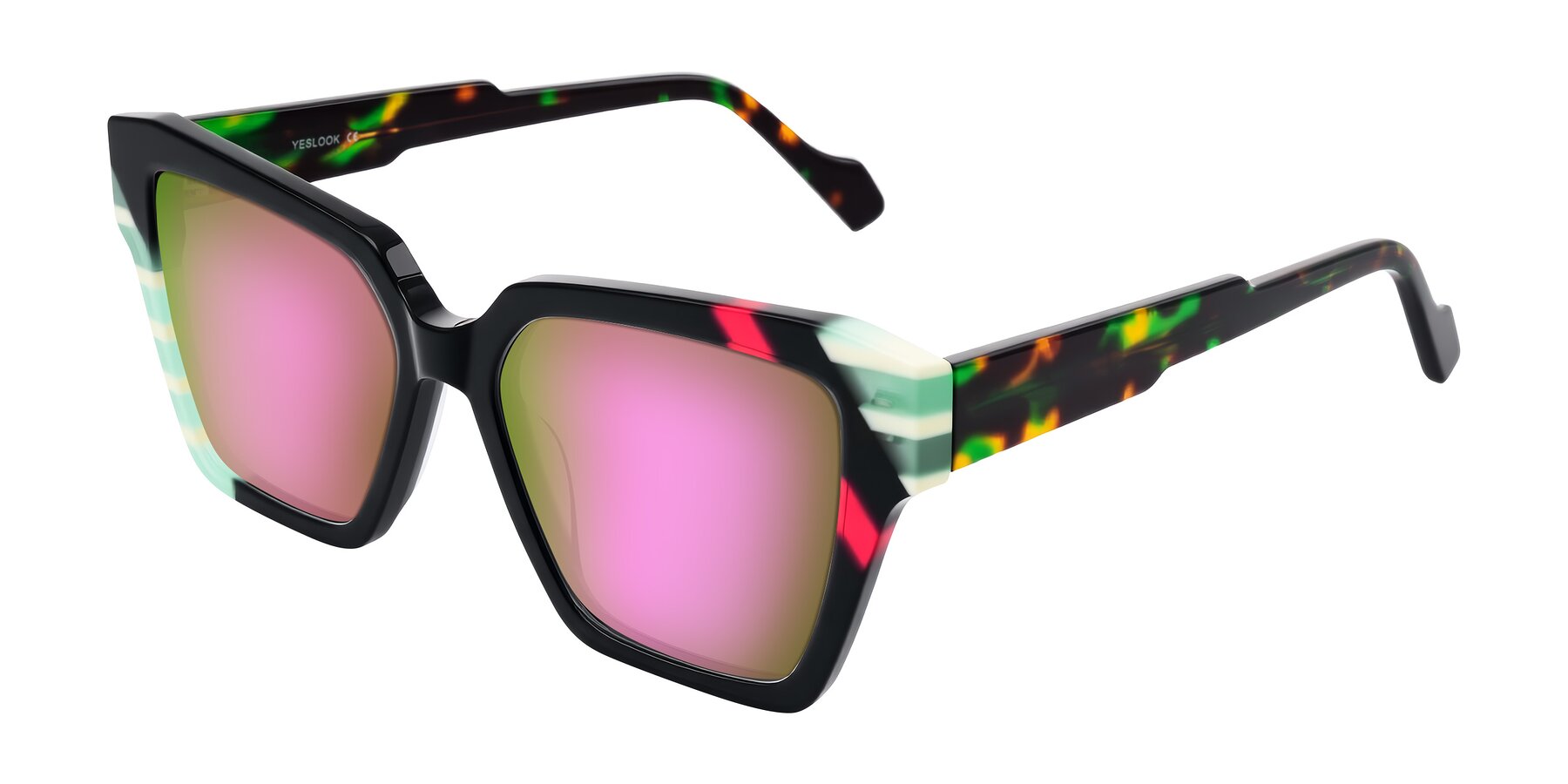 Angle of Widvale in Onyx Mosaic with Pink Mirrored Lenses