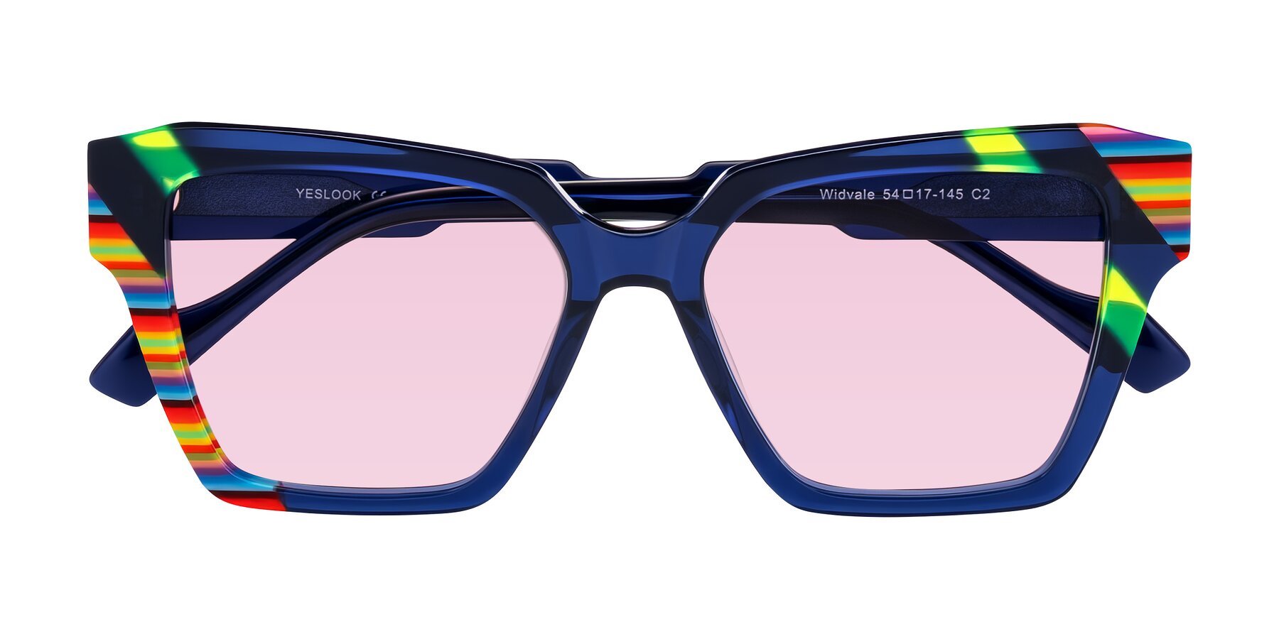 Folded Front of Widvale in Indigo Deco with Light Pink Tinted Lenses