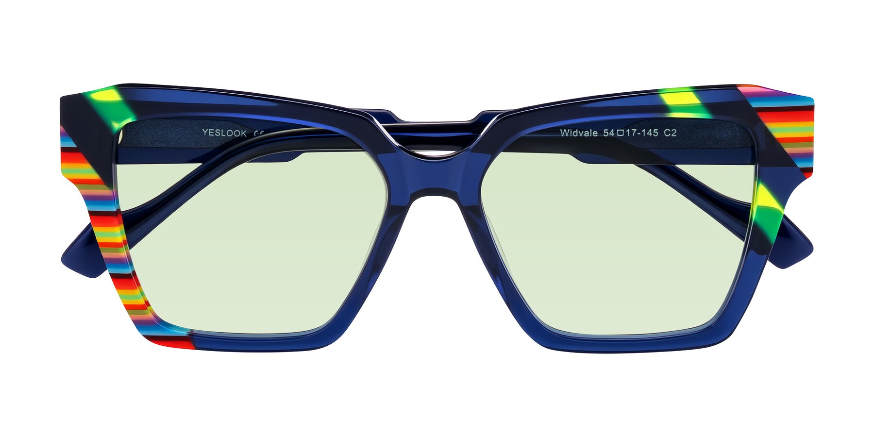 Folded Front of Widvale in Indigo Deco with Light Green Tinted Lenses