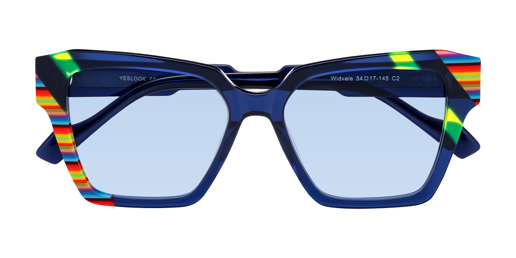 Folded Front of Widvale in Indigo Deco with Light Blue Tinted Lenses