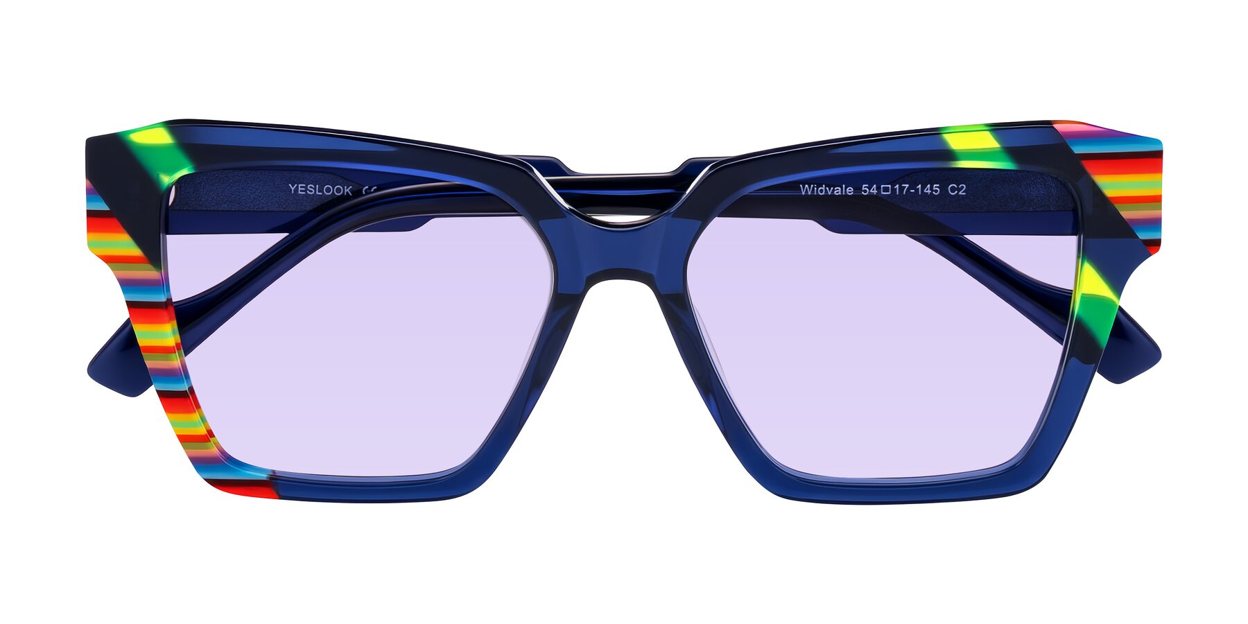 Folded Front of Widvale in Indigo Deco with Light Purple Tinted Lenses