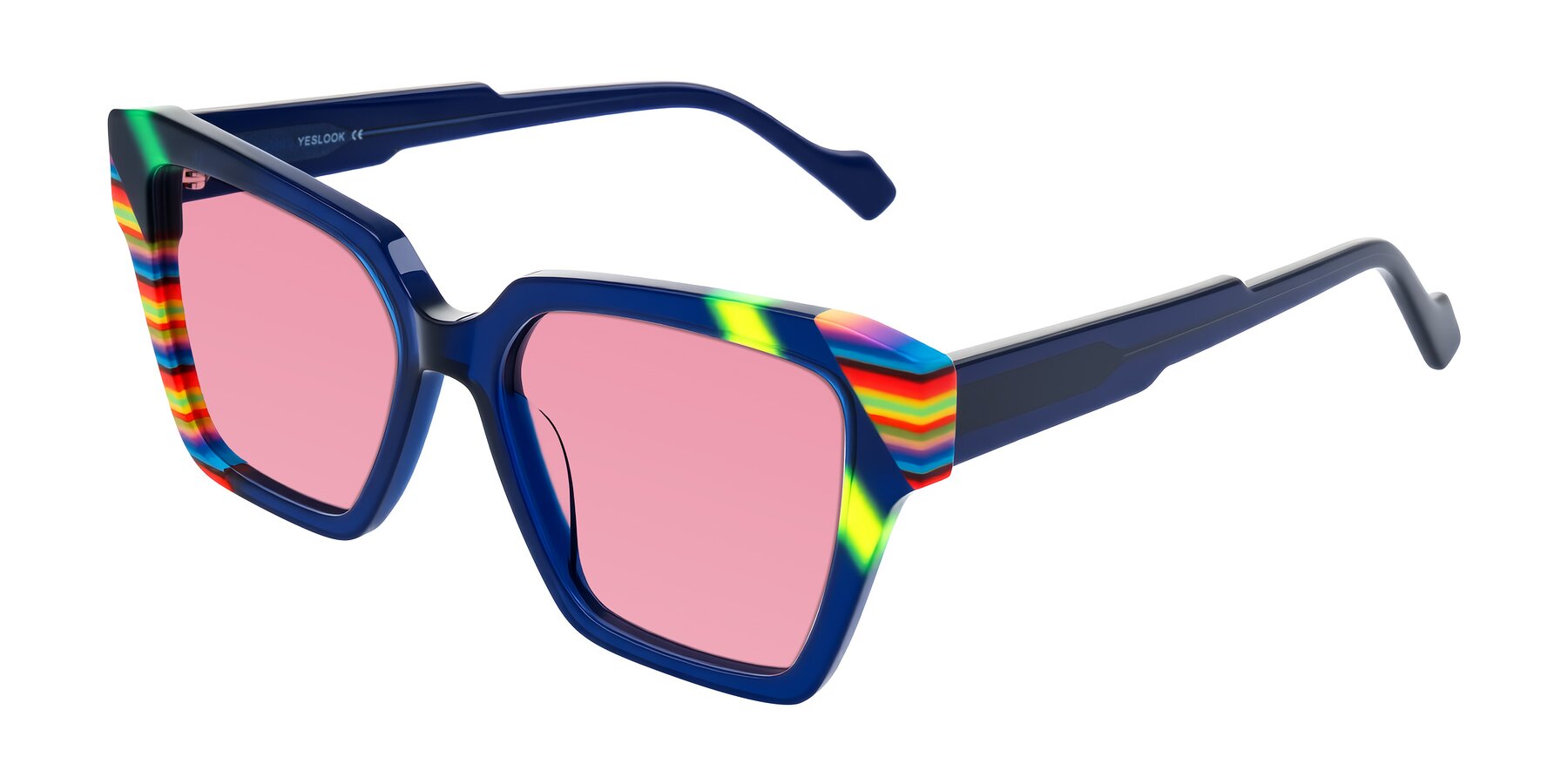 Angle of Widvale in Indigo Deco with Pink Tinted Lenses