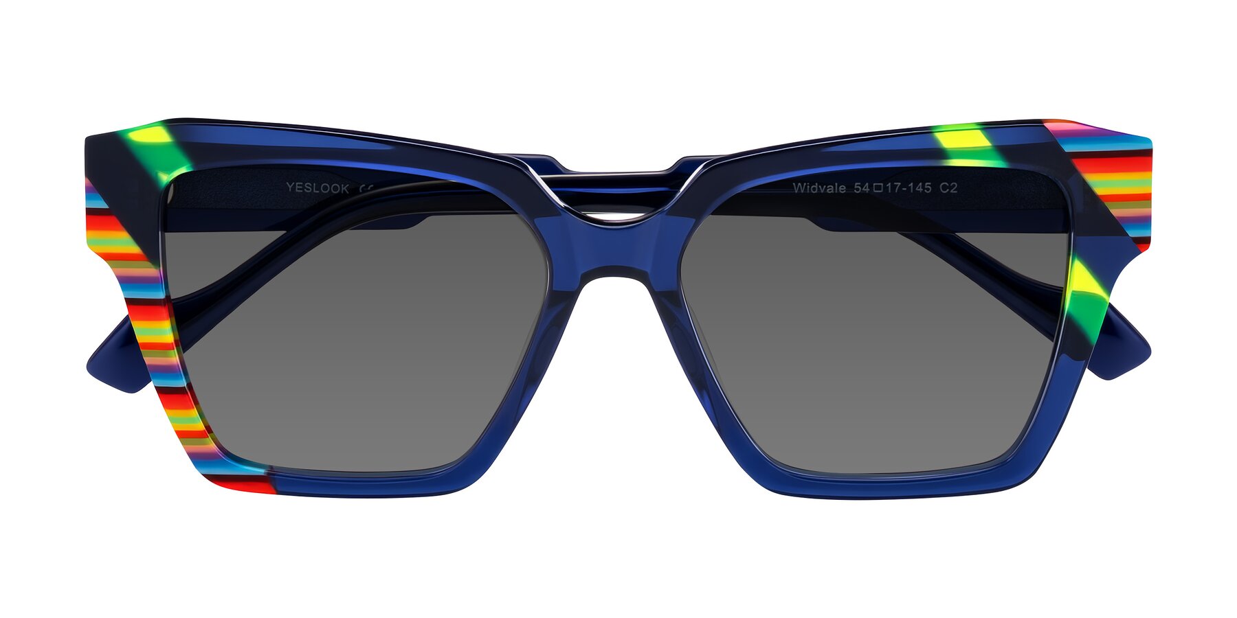 Folded Front of Widvale in Indigo Deco with Medium Gray Tinted Lenses