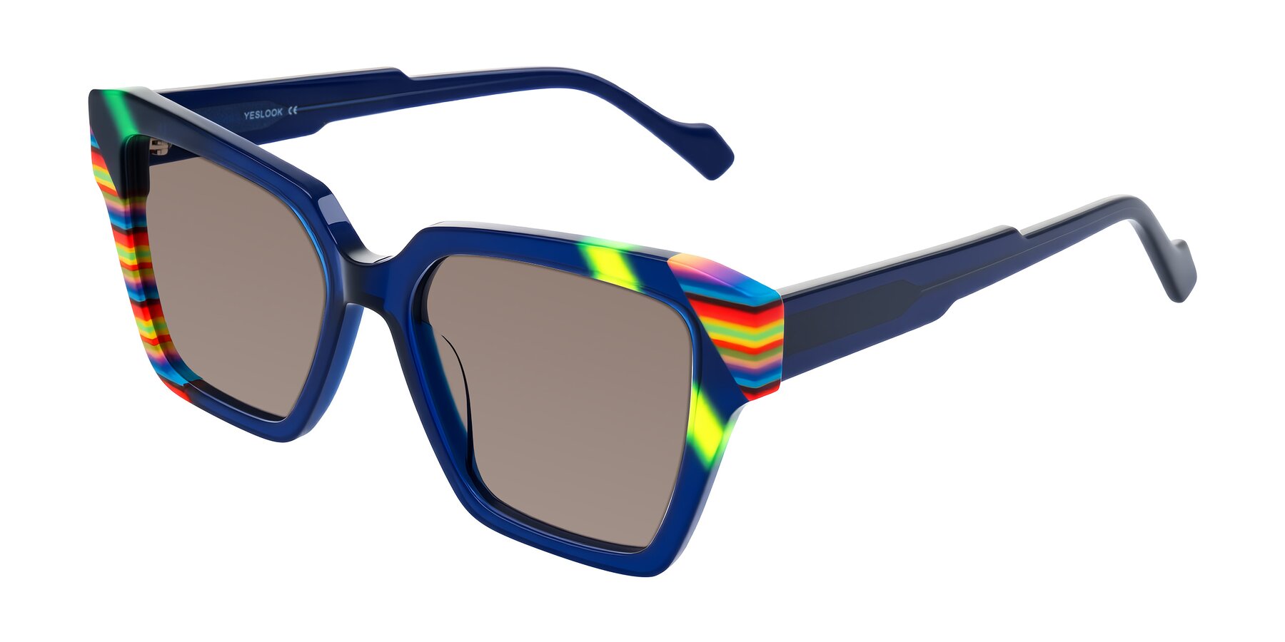 Angle of Widvale in Indigo Deco with Medium Brown Tinted Lenses