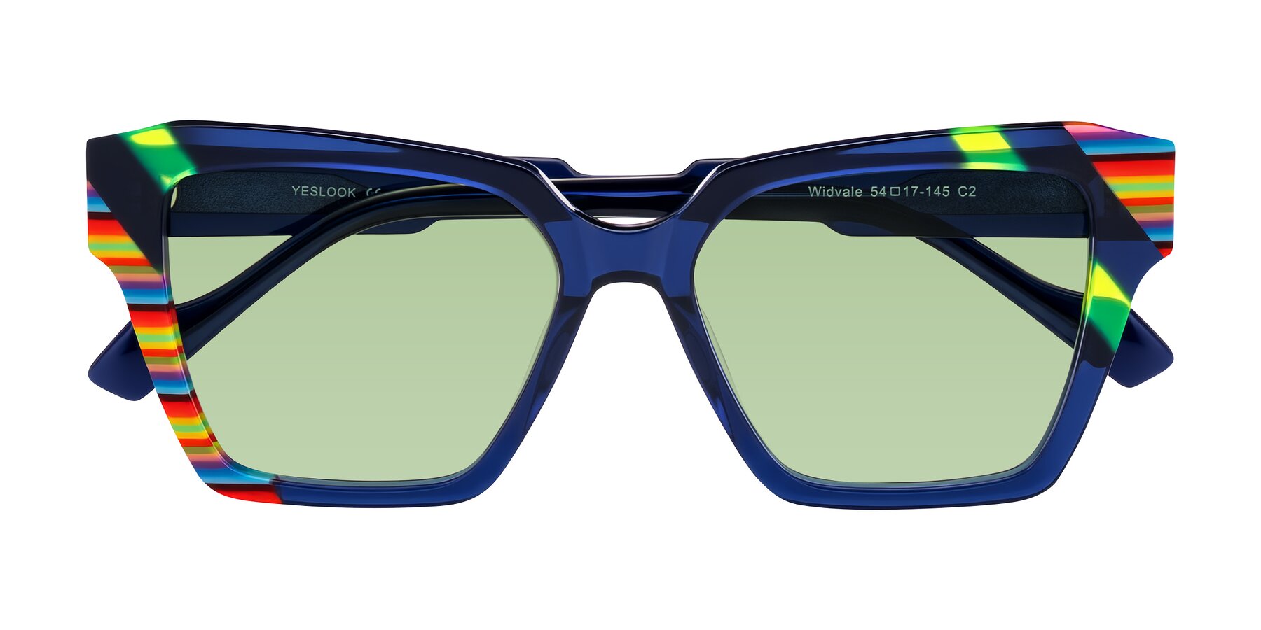 Folded Front of Widvale in Indigo Deco with Medium Green Tinted Lenses