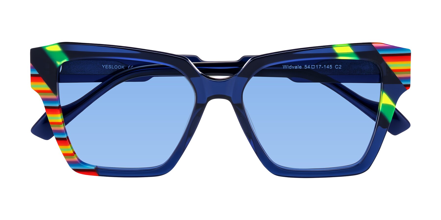 Folded Front of Widvale in Indigo Deco with Medium Blue Tinted Lenses