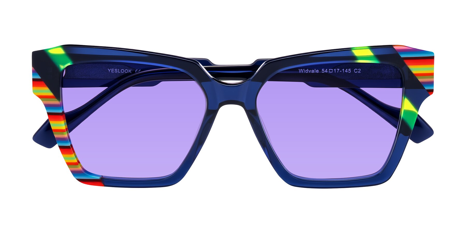 Folded Front of Widvale in Indigo Deco with Medium Purple Tinted Lenses